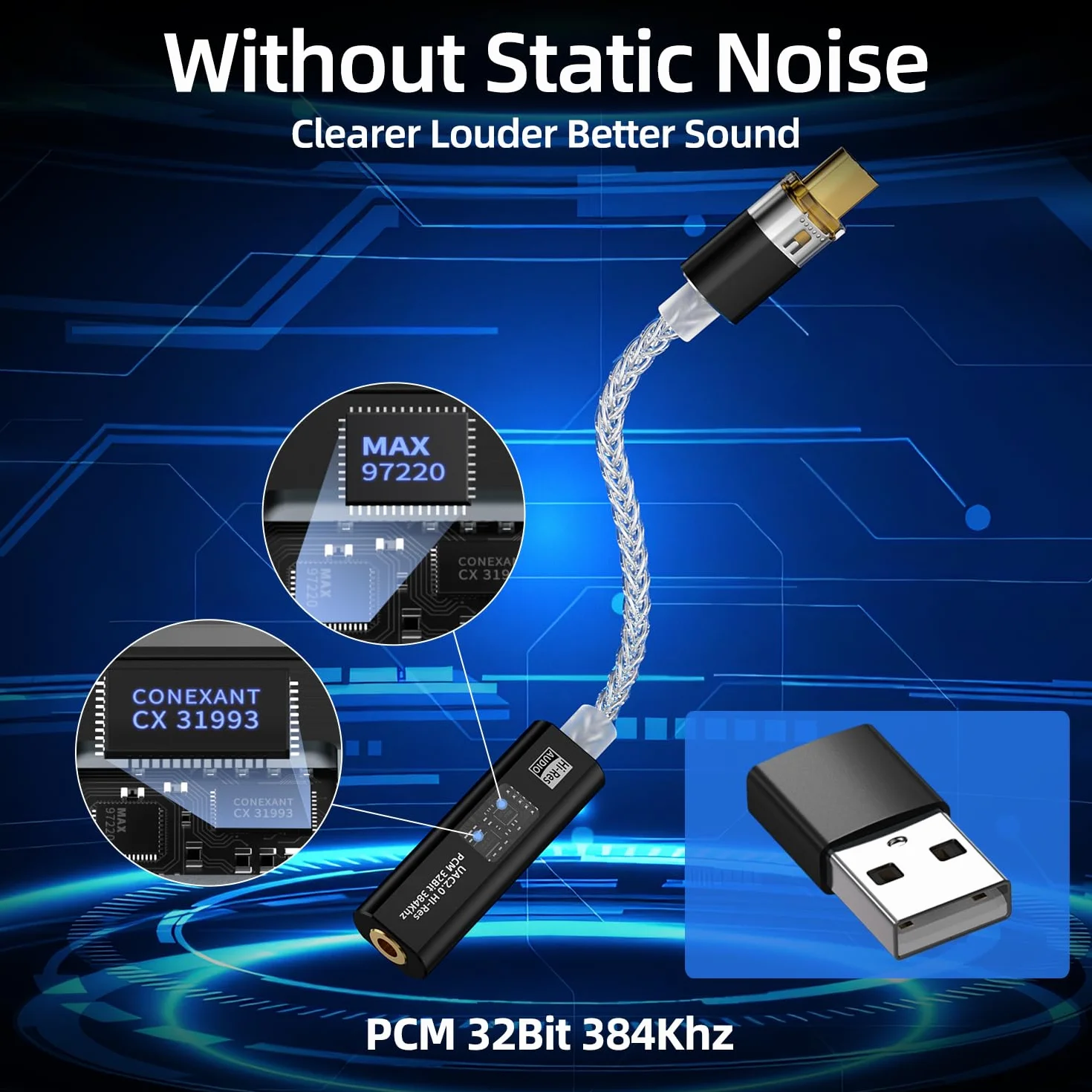 Adapter słuchawkowy USB C na 3,5 mm DAC z podwójnym chipem CX31993 i MAX97220, przenośny wzmacniacz dekodowania Hi-Res 32-bitowy/384 kHz z posrebrzanym kablem OCC do słuchawek iPhone, Android, Mac