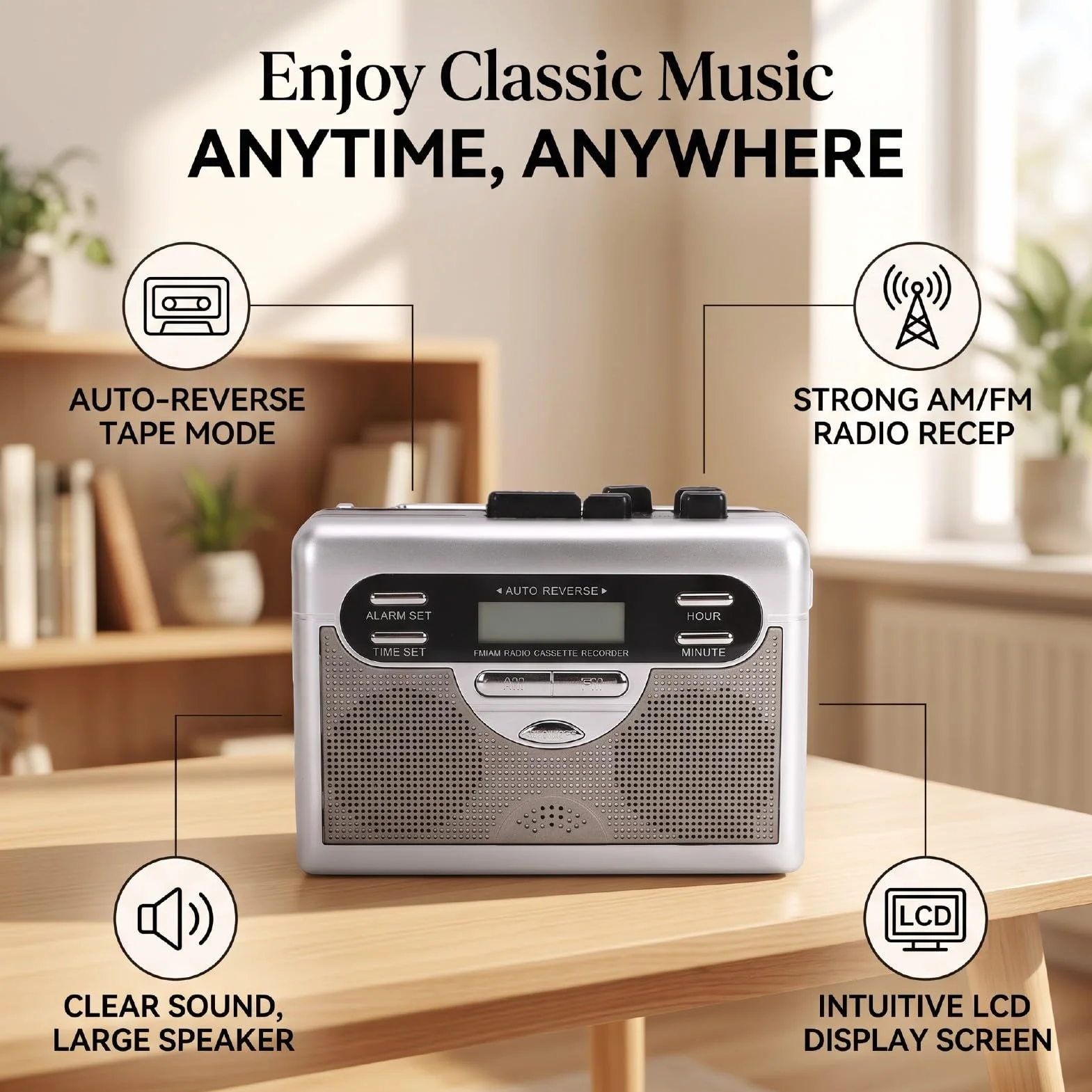 Sxhlseller Odtwarzacz Kasetowy z Radiem AM/FM, Retro Odtwarzacz Taśmowy z Automatycznym Przewijaniem, Vintage Urządzenie Audio z Ekranem LCD i Gniazdem Słuchawkowym 3,5 Mm do Nagrywania