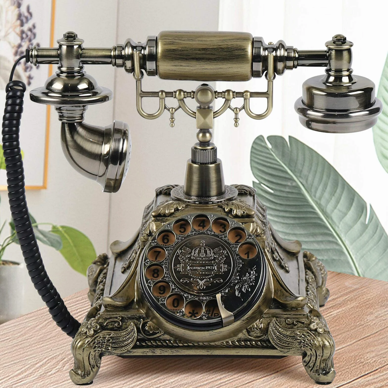 Telefon w stylu vintage, antyk, telefon stacjonarny, stary, modny, nostalgiczny, dekoracja biurka, do domu, biura