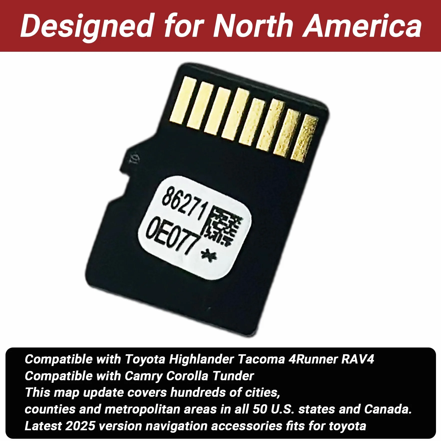 2025 najnowsza karta SD do nawigacji GPS kompatybilna z Toyota Highlander Tacoma 4Runner RAV4 Camry Corolla Tunder, aktualizacja karty micro SD mapy GPS USA/Kanada, zamiennik 86271-0E077