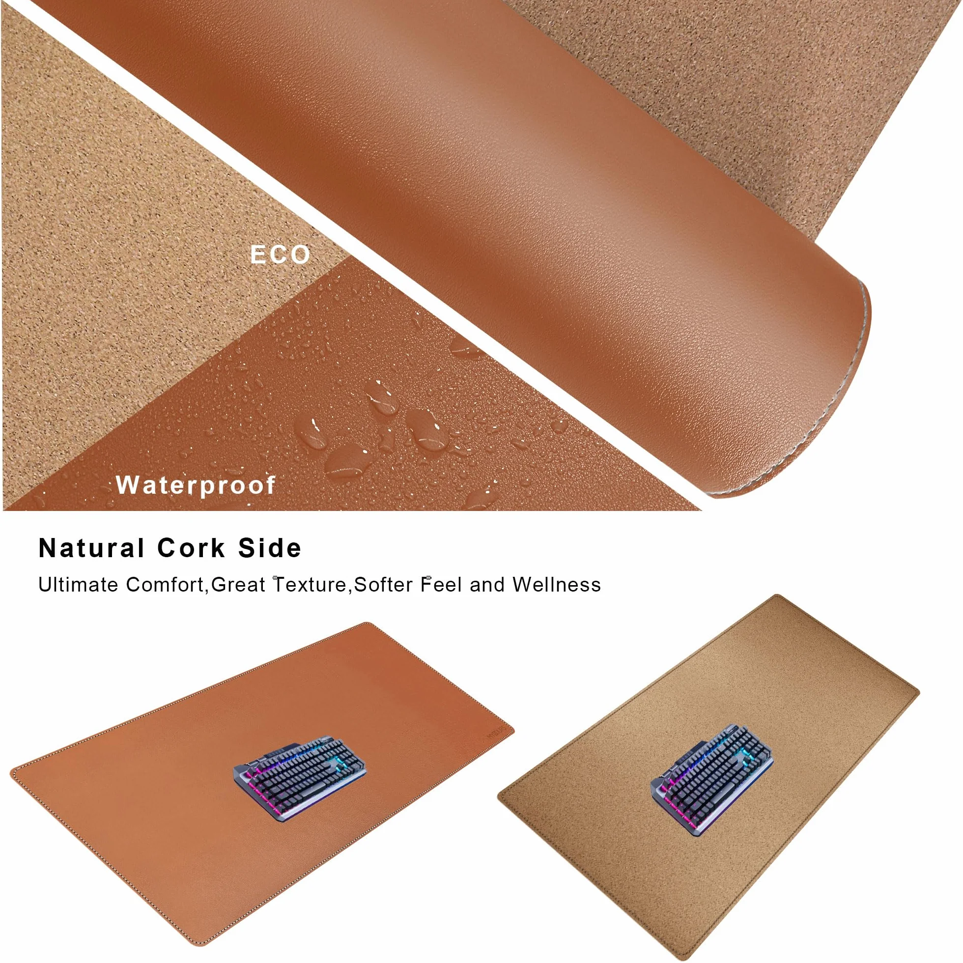 Mydours Mata biurkowa, 120 x 50 cm dwustronna podkładka pod mysz z korka i skóry PU, wodoodporna mata biurkowa, duża mysz biurkowa do biura i domu (brązowy)