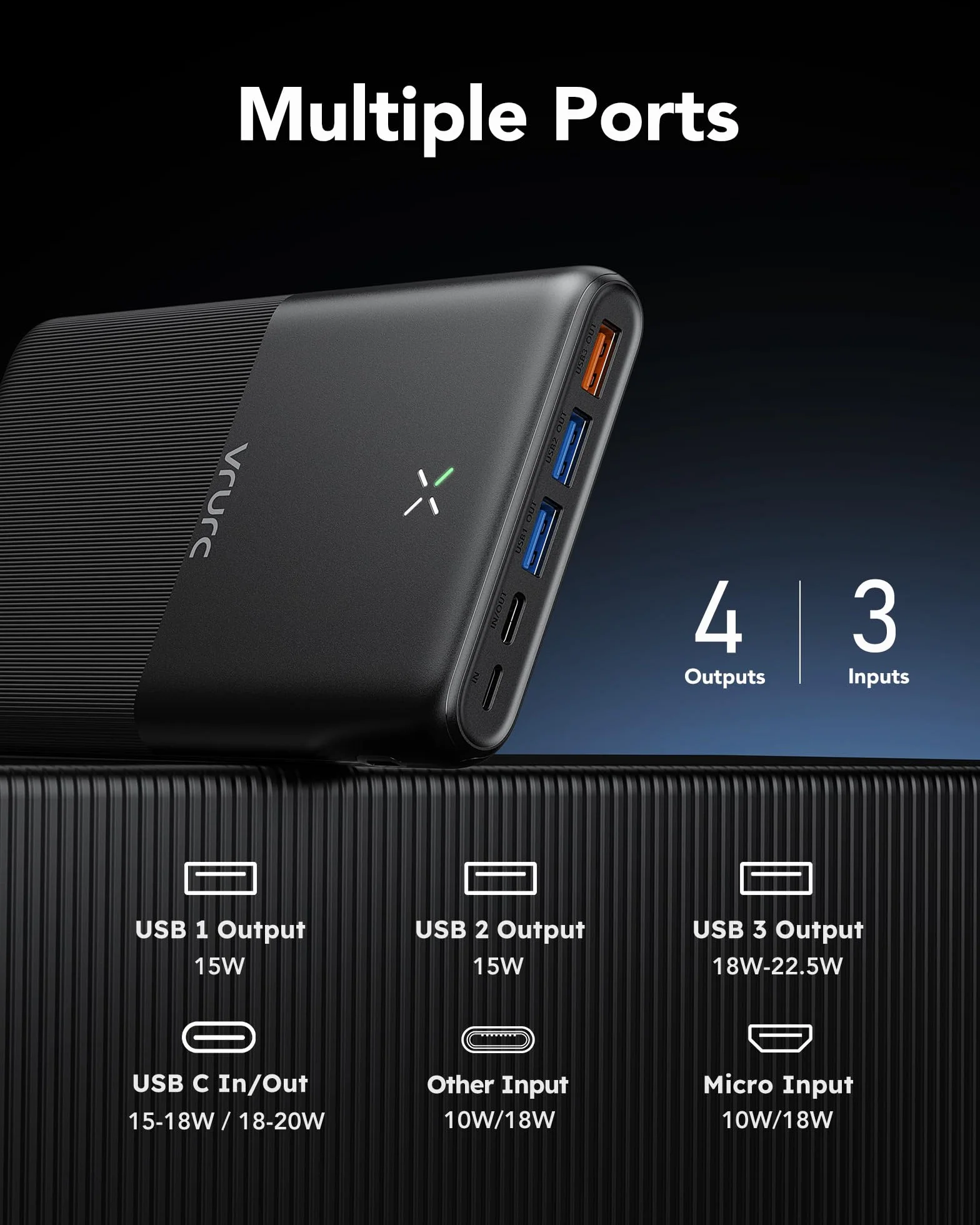 VRURC Power Bank 30 000 mAh 22,5 W, powerbank, USB C, szybkie ładowanie, zewnętrzne akumulatory do telefonów komórkowych z 4 wyjściami i 3 wejściami, przenośna ładowarka, kompatybilna z iPhone, Huawei