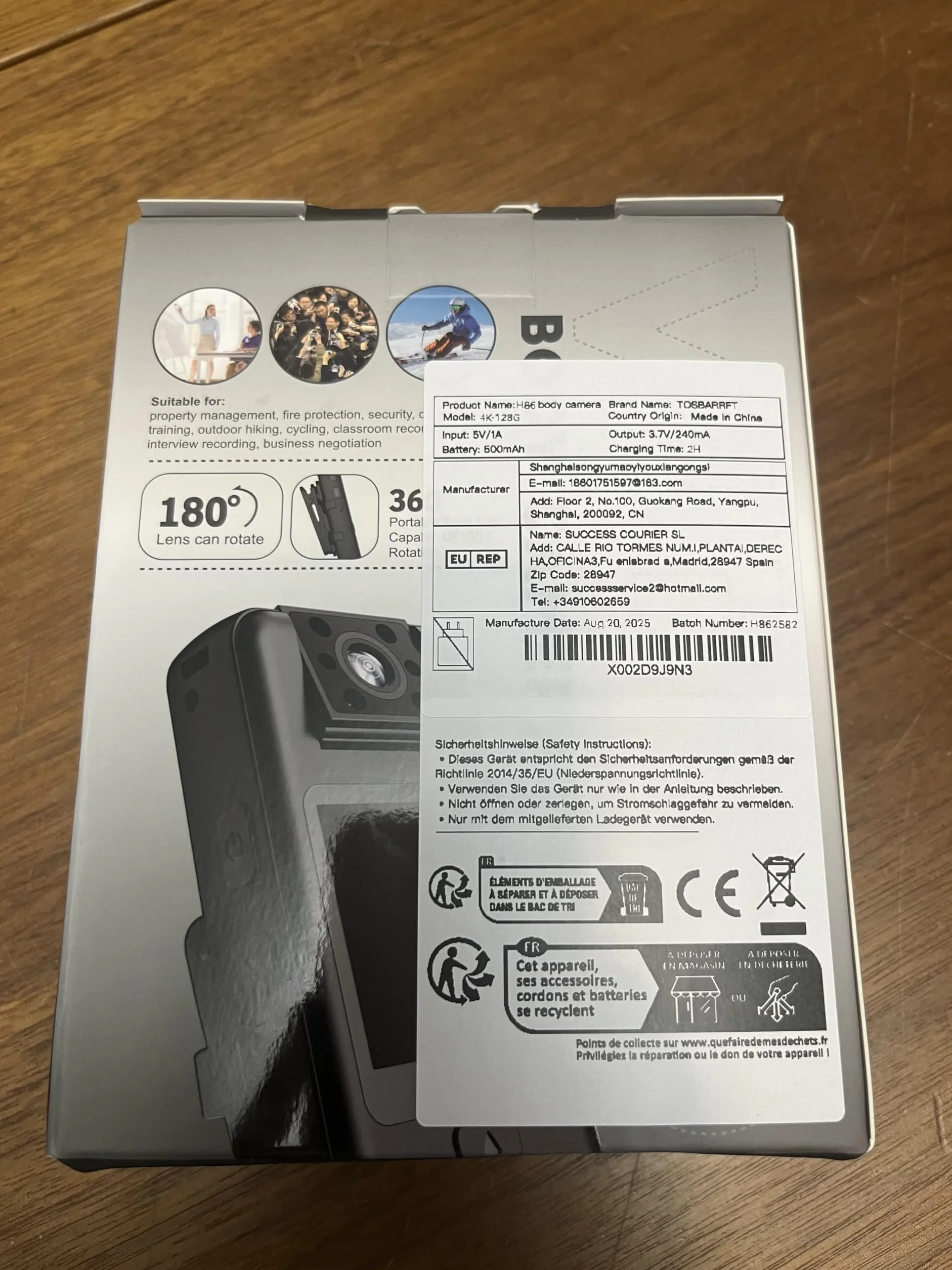 Kamera Bodycam 4K 4K 128 GB z obrotową soczewką 180°, kamera sportowa z akumulatorem 6 godzin, noktowizor, przenośna kamera dla zwierząt domowych, do biura, do pracy w zakresie bezpieczeństwa