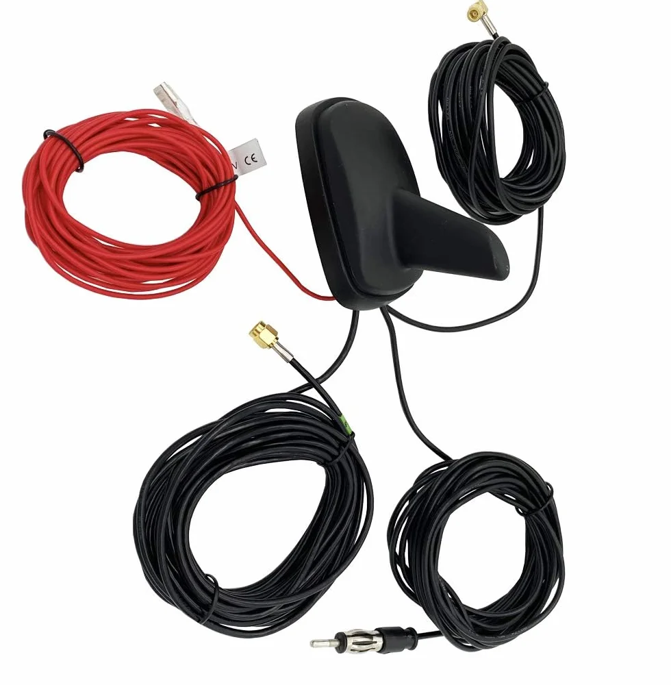 Vecys DAB DAB + FM/AM GPS Antena Samochodowa Shark Fin FM/AM GPS Antena Samochodowa na Dachu Wzmacniacz Sygnału SMB do SMA do DIN Adapter 5M RG174 Kabel