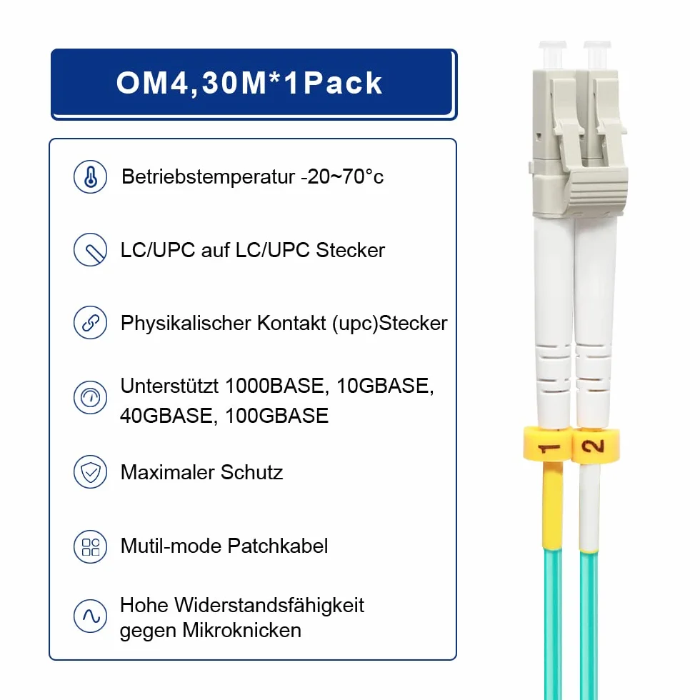 30 m OM4 LC na LC światłowodowy kabel krosowy | opcje długości: 0,2 m-100 m, 40 GB/100 GB Duplex, 50/125 um Multimode kabel LSZH 30 metrów