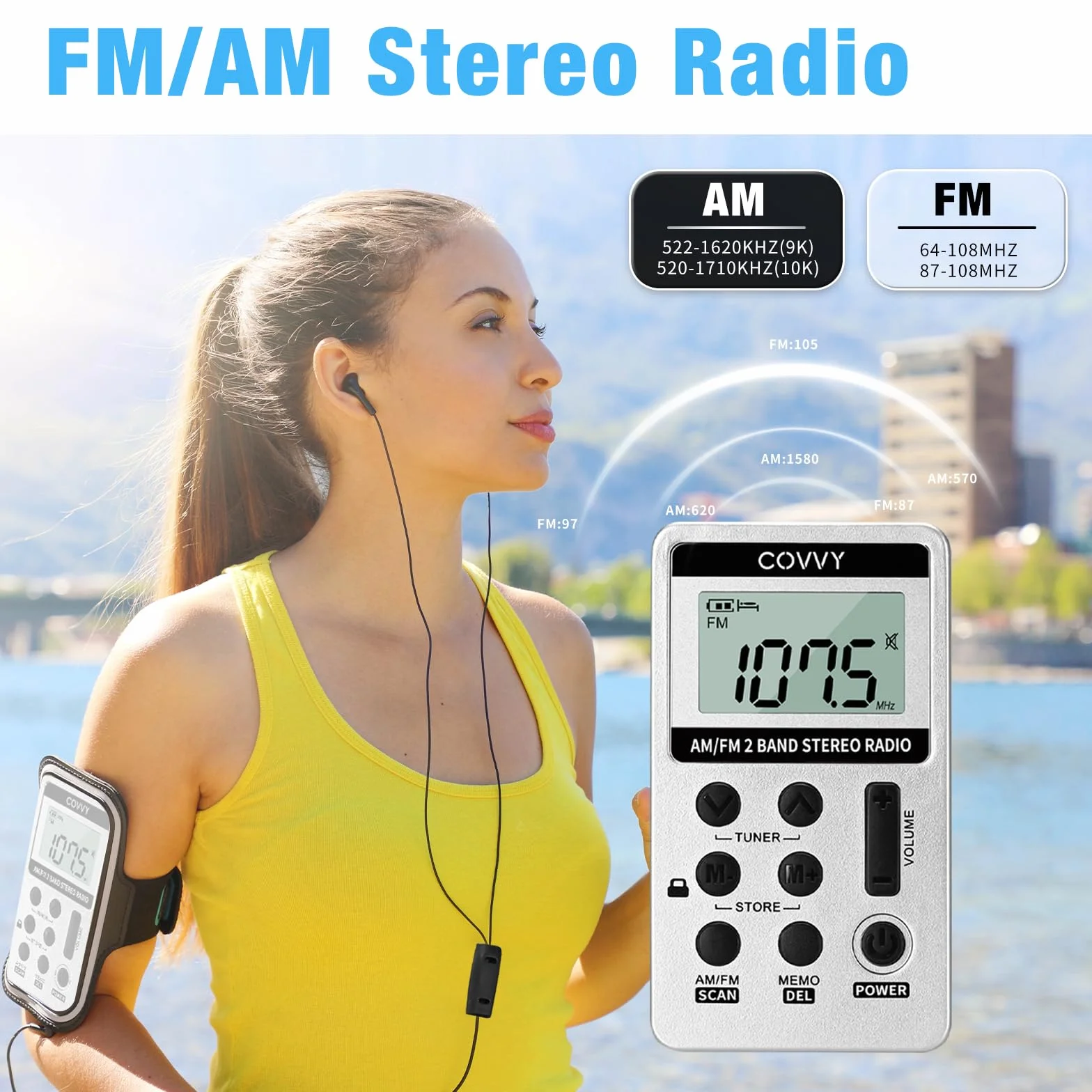 Małe przenośne radio, mini kieszonkowe radio kieszonkowe Am/FM 2 pasma radia stereo DSP cyfrowy odbiornik tuningowy z wyświetlaczem LCD USB do ładowania i słuchawką do chodzenia biały