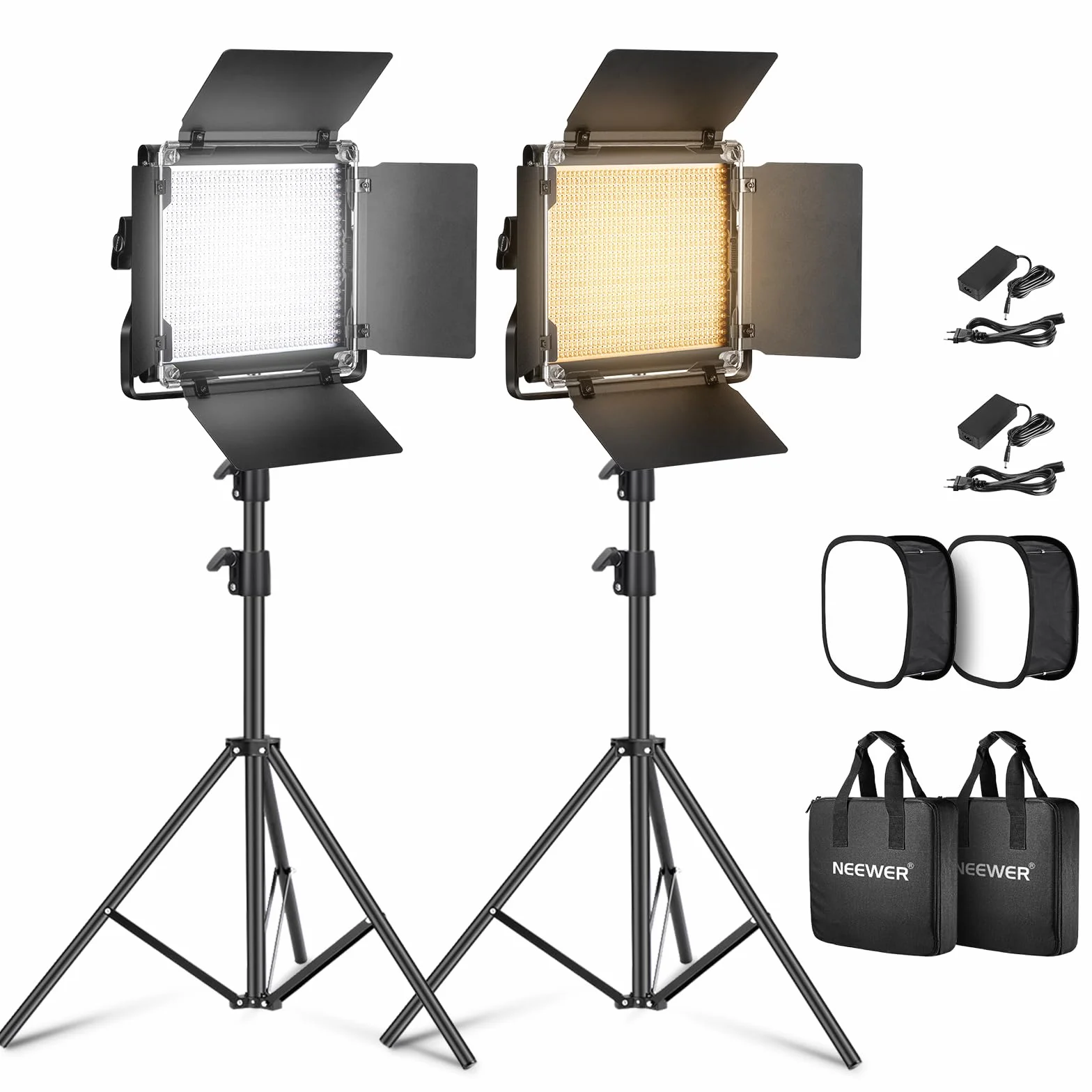 NEEWER 2 Opakowanie Bicolor 660 Panel LED Light Video & Stand Kit: 3200-5600K CRI 96+ Ściemniane ciągłe oświetlenie z U wspornikiem i Barndoor, 190cm Stojak Światła