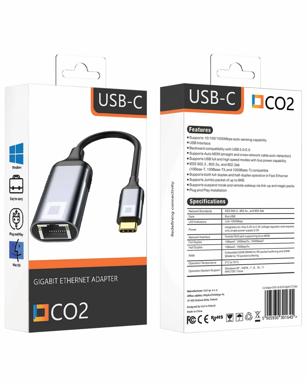 CO2 Karta sieciowa USB-C do Ethernet, Adapter Gigabit RJ-45 LAN 10/100/1000 Mbps, Plug & Play, Wskaźniki LED, Chip Realtek RTL8153, Aluminium Space Gray, Kompatybilny z MacBook, PC, TV Box (USB-C)