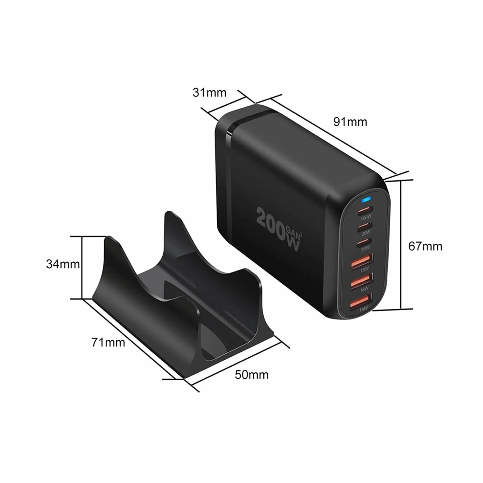 Szybka Ładowarka USB C 200 W. 6-portowa Stacja Ładująca Z Koncentratorem Blokowym. Zasilacz Do Laptopa Szybki Sejf(Black)