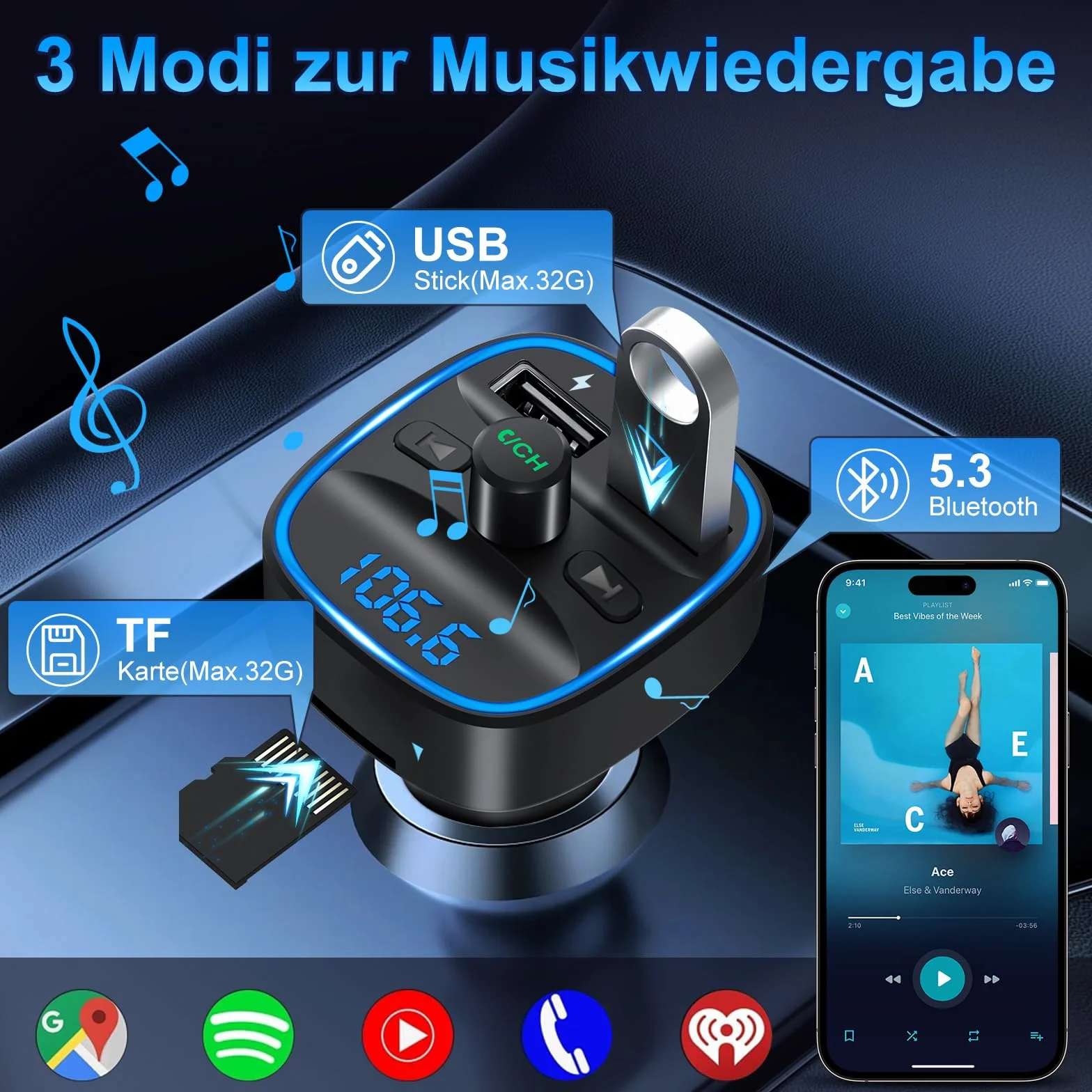 Transmiter Bluetooth 5.3 FM, samochodowy adapter Bluetooth, radio, 2 USB ładowarki LED, samochodowy ładowarka, odtwarzacz muzyczny, zapalniczka z głośnikiem
