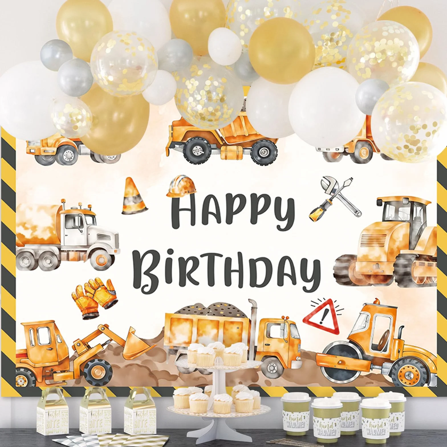 APROPHIC Tło urodzinowe dla dzieci, żółte tło do samochodów ciężarowych, tło fotograficzne Happy Birthday, tła, kreskówka, zabawna impreza, dekoracja, ściana fotograficzna, tło 210 x 150 cm