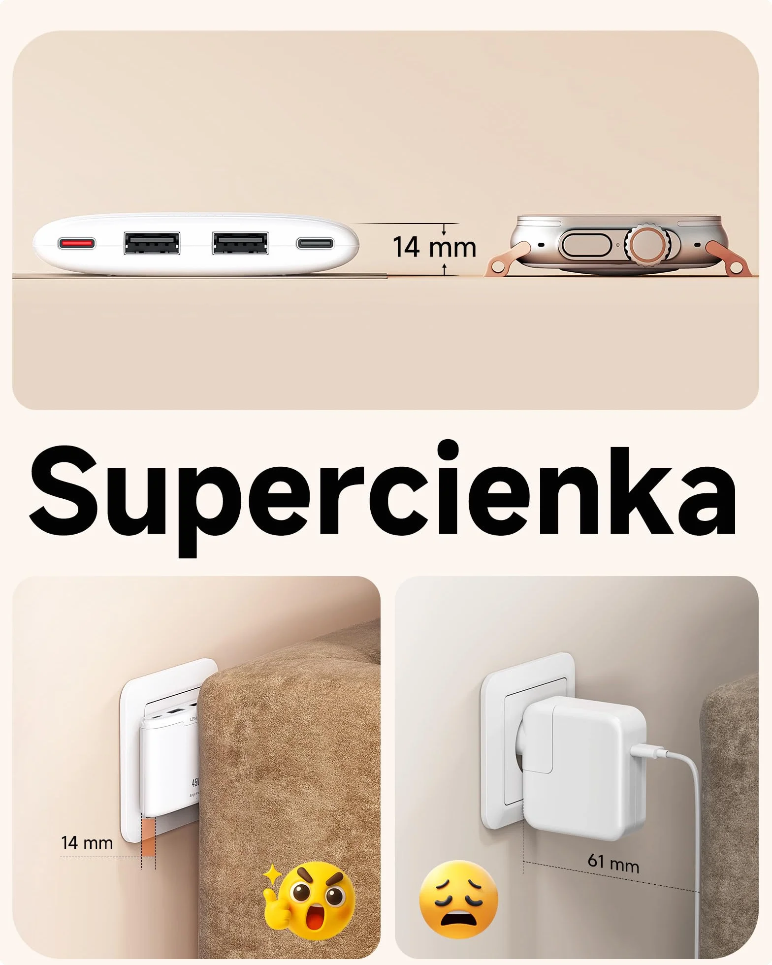 LENCENT Płaska ładowarka USB C Slim 45 W, szybka ładowarka, zasilacz | 4-portowy, cienka wtyczka do ładowania, z GaN-Tech, kompatybilna z iPhone 17/16/15, iPad, telefonem komórkowym, tabletem