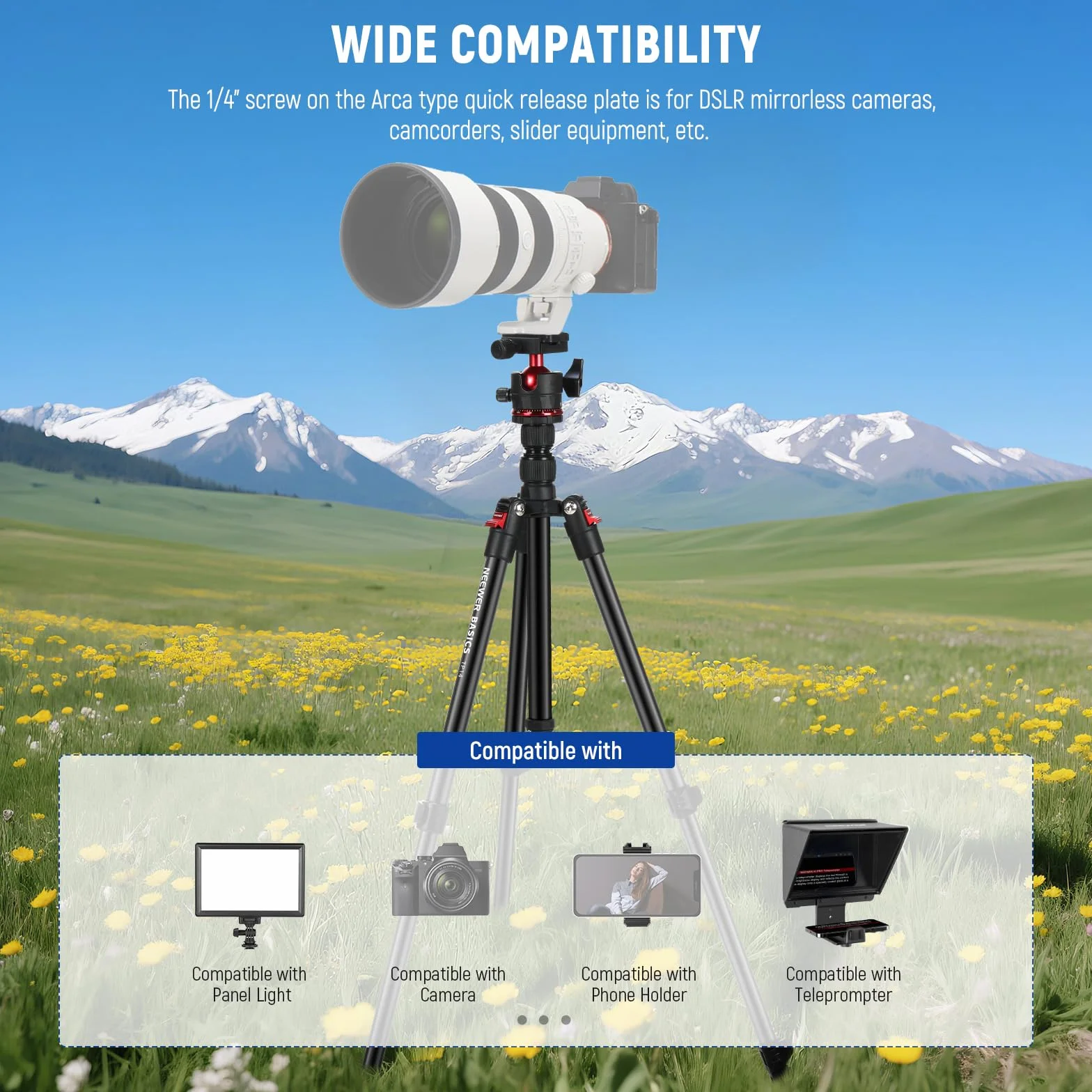 NEEWER BASICS Statyw Aparat podróżny 182 cm, lekki przenośny statyw DSLR z głowicą kulową, płyta QR Arka, uchwyt na telefon kompatybilny z iPhone do zdjęć i filmów, Max 6 kg, TP14