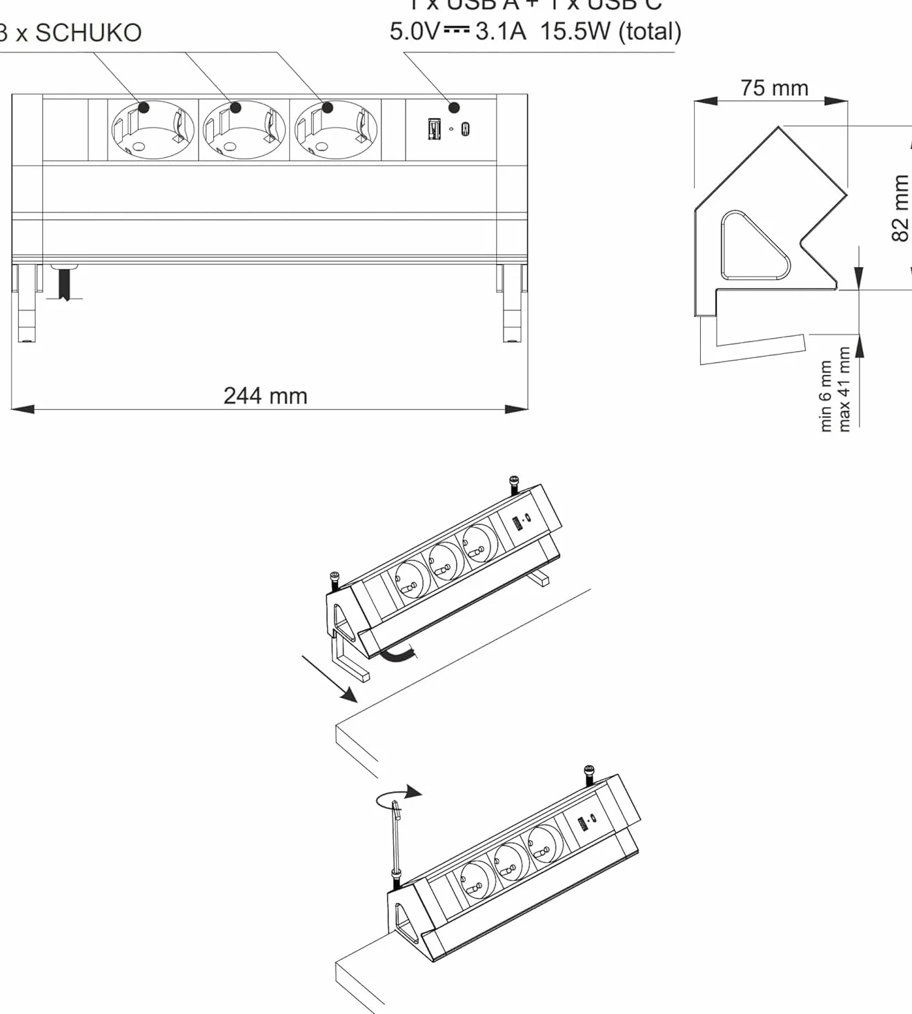 Aluminiowa listwa zasilająca z 3 gniazdami, USB, montaż zaciskowy, kabel zasilający