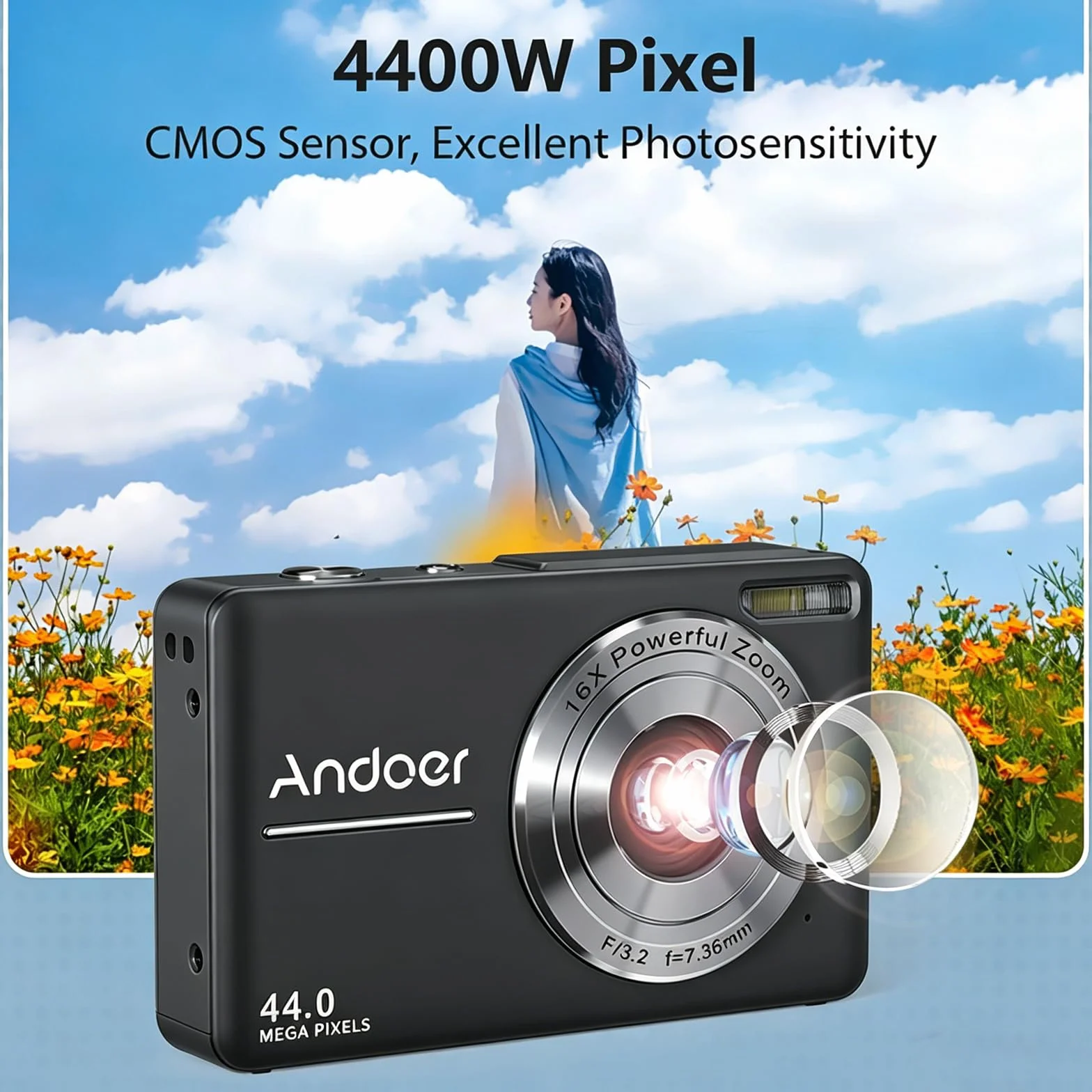 Andoer Aparat cyfrowy z 2 bateriami do wielokrotnego ładowania, karta pamięci 32 GB, 1080p, 44 m, HD, 16-krotny zoom cyfrowy, ochrona przed wstrząsami, automatyczne ustawianie ostrości, ekran 2,5 IPS