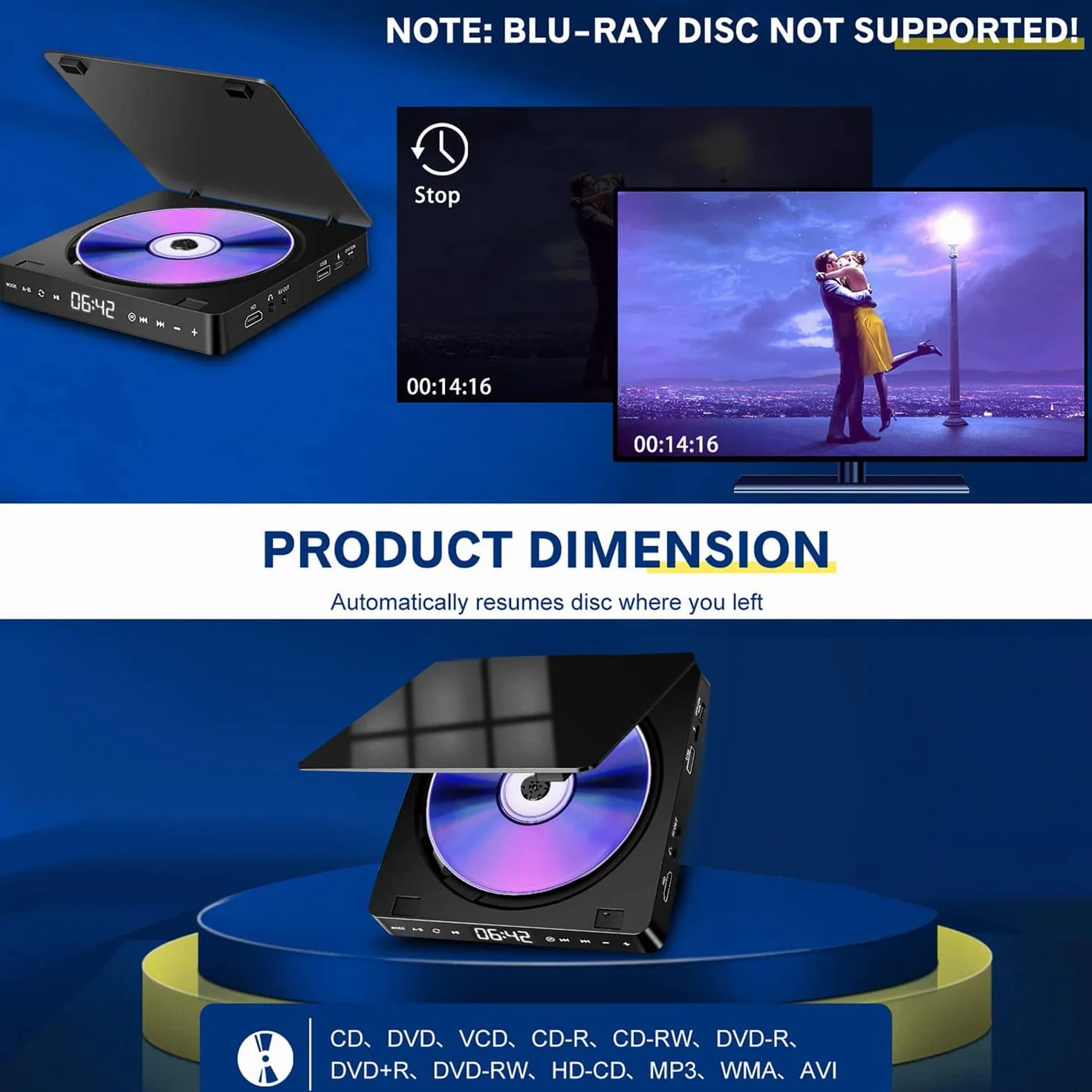 Odtwarzacz HD DVD/VCD Przenośny Odtwarzacz Wideo Wielofunkcyjny Odtwarzacz 1080P Mini Anti-Skip Odtwarzacz DVD z Pilotem