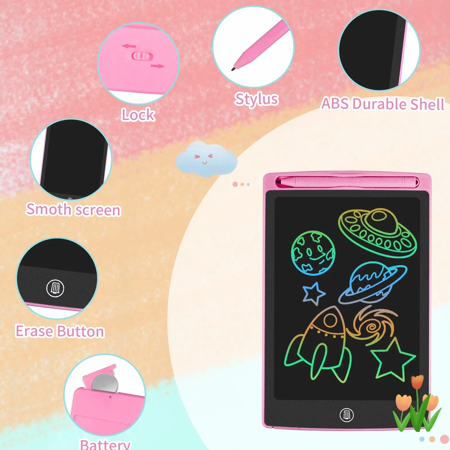 HOMESTEC Kolorowy tablet do pisania LCD, tablica kreślarska 8,5 cala, tablet z grafiką Zamek na klucze, pismo odręczne, rysowanie, podkładka dla dzieci, zabawki dla chłopców, dziewcząt (różowy)