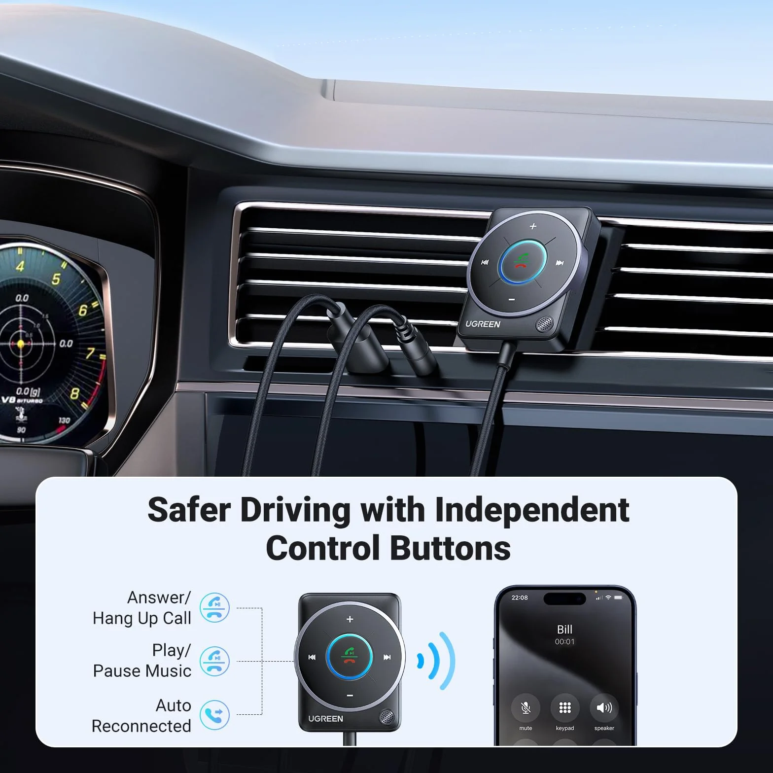 UGREEN Adapter Aux Bluetooth 5.4 samochodowy odbiornik Bluetooth wielofunkcyjny przycisk do połączeń i muzyki, podwójne połączenie, kompatybilny z samochodowym systemem stereo