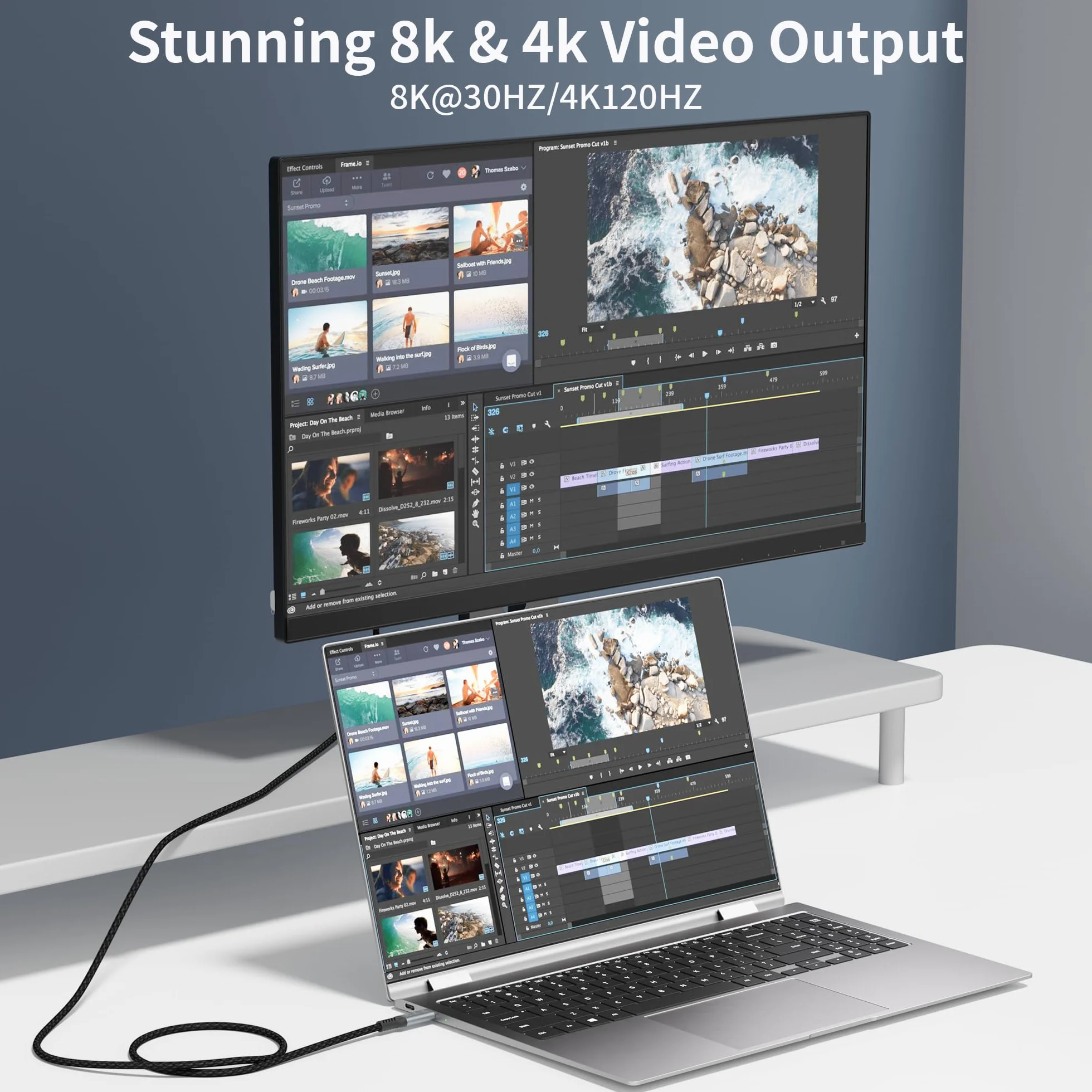 kabel USB c długi 5m Kompatybilny z Thunderbolt 4/3 Transmisja danych 20 Gbps USBC 3.2, szybkie ładowanie 100 W, 4K@120Hz/ 60Hz, 8K@30Hz USB C kabel wideo do monitora, Dell XPS, VR