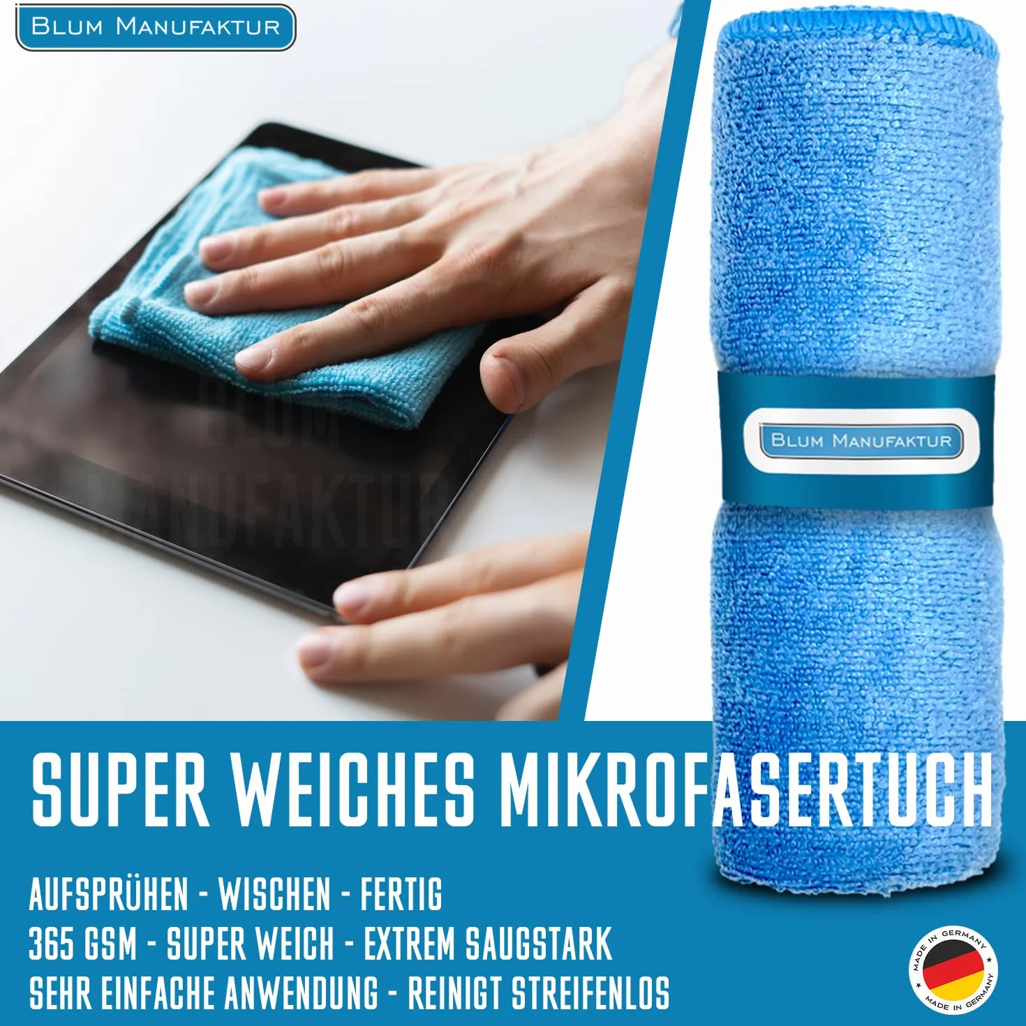 Blum Manufaktur Screen Cleaner 250 ml - środek do czyszczenia ekranów - środek do czyszczenia komputerów - w zestawie ściereczka z mikrofibry 30 x 30 cm - środek do czyszczenia monitorów - Made in Germany