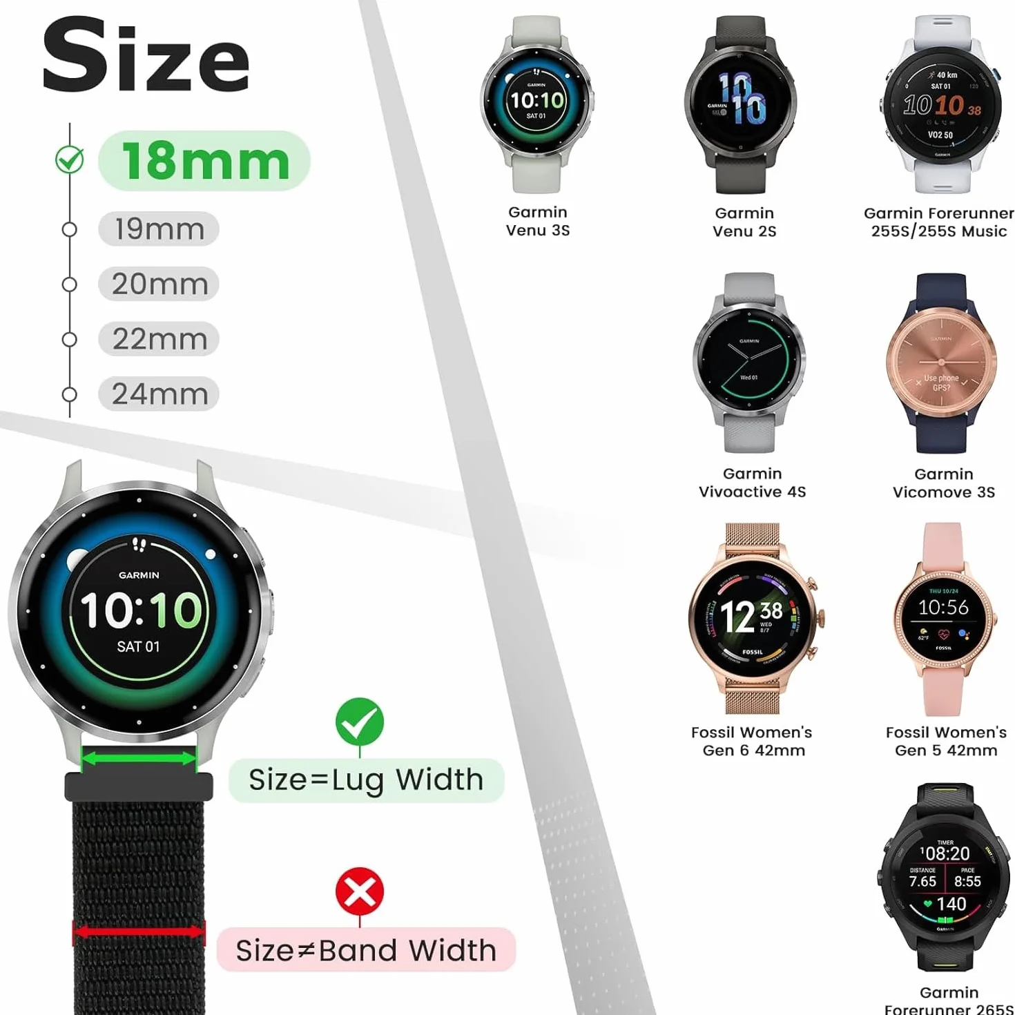 Sundara 18mm 19mm 20mm 22mm Nylonowy Pasek do zegarka sportowego o szerokości, kompatybilny z Garmin/ID205L/Galaxy/Huawei/Amazfit, Uniwersalny Pasek do Zegarka