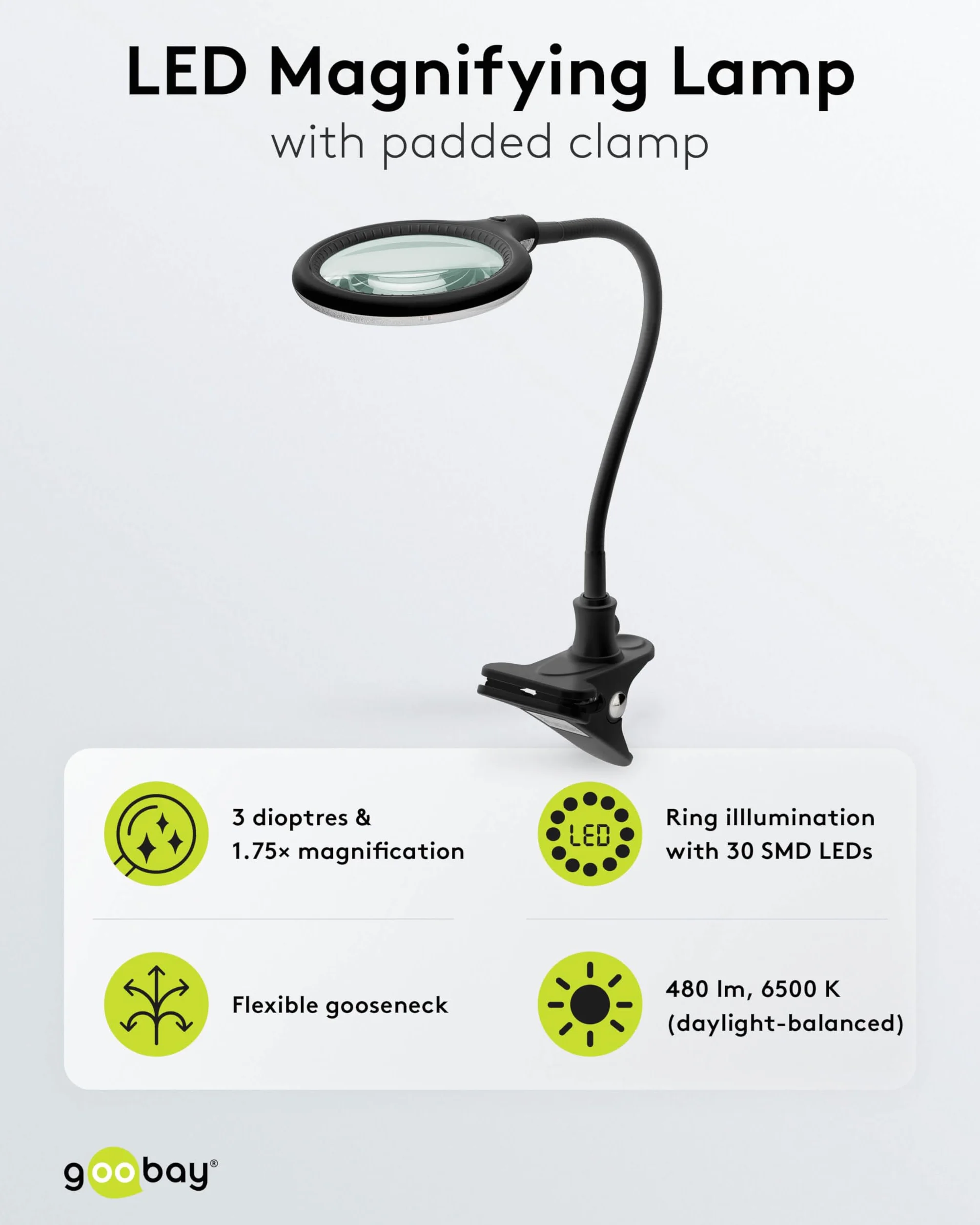 Goobay 65577 LED lampa z lupą z zaciskiem/lupą z tworzywa sztucznego/pobór mocy 6 W, temperatura barwowa 6200 K/strumień świetlny 480 lm/napięcie robocze 230 V (AC) / czarna