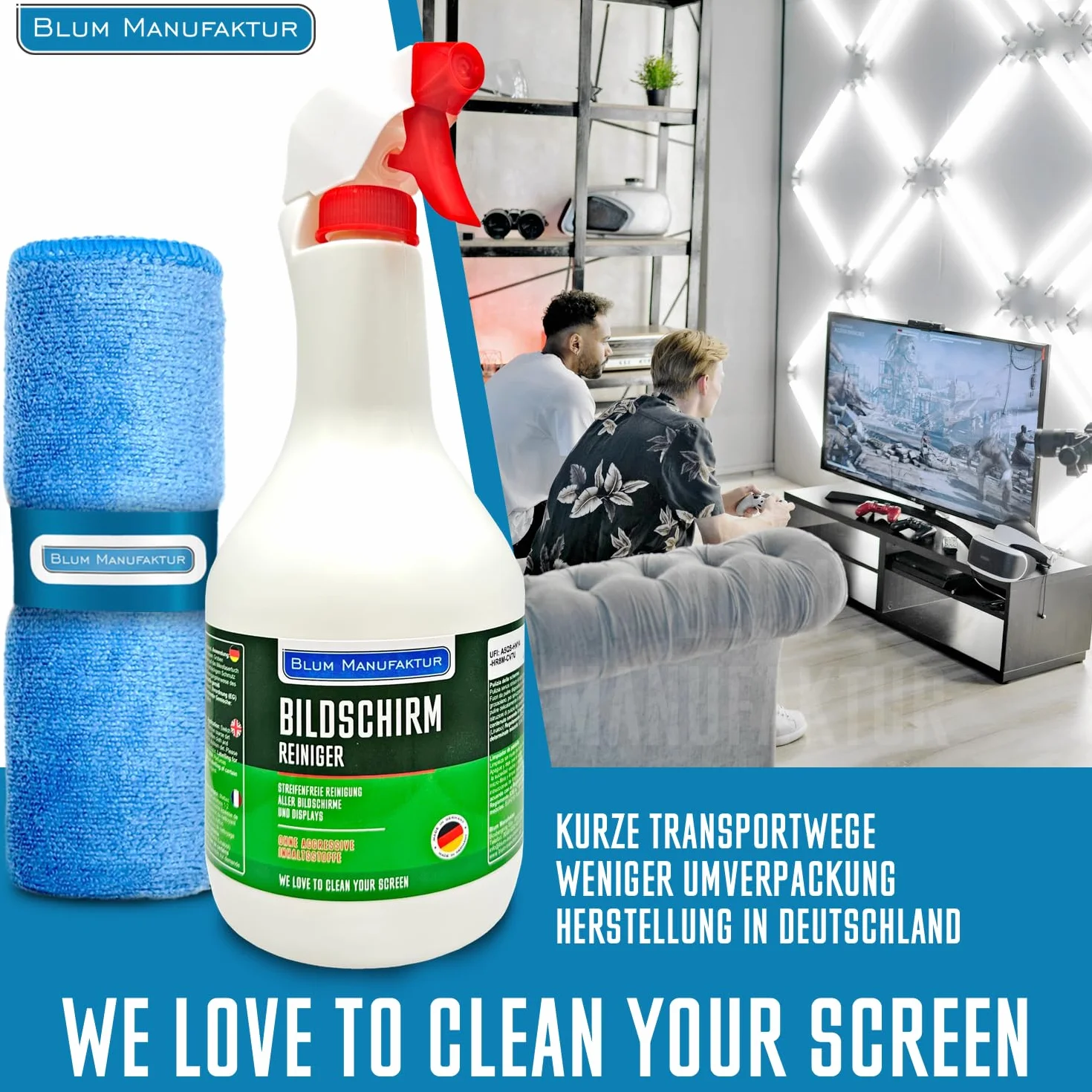 BLUM MANUFAKTUR Środek do czyszczenia ekranu 1 x 1000 ml + 30 x 30 cm ściereczka z mikrofibry super miękka 365 GSM - Screen Cleaner - środek do czyszczenia wyświetlacza