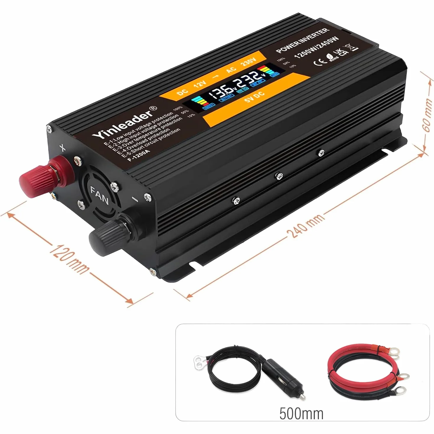 Yinleader Przetwornica napięcia 1200 W/2400 W 12 V 230 V falownik Dual USB Power Inverter z 1 gniazdem i wyświetlaczem LCD, do samochodu, przyczepy kempingowej, łodzi, na kemping, w podróży