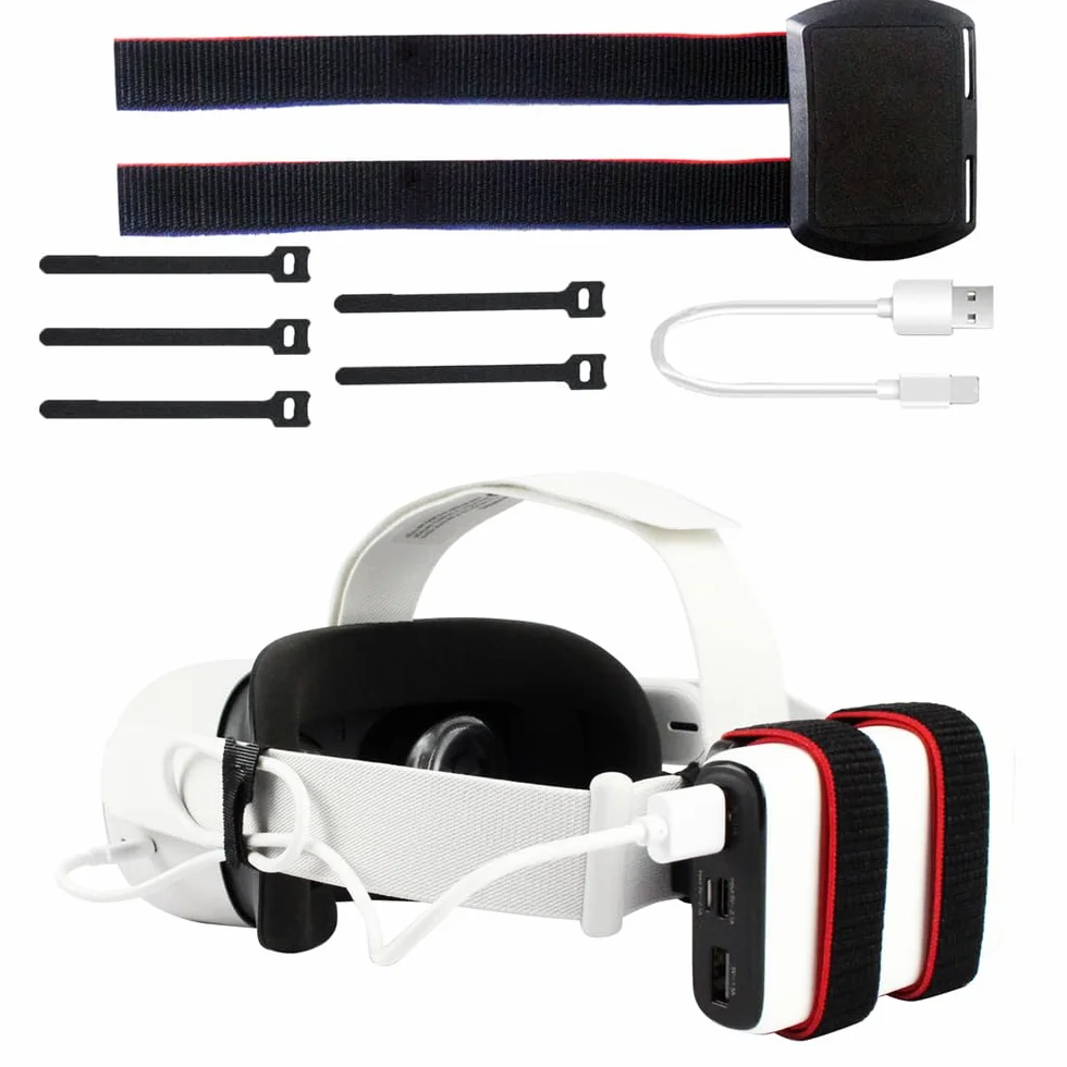 Pasek akumulatorowy VR do Meta Quest 3, zewnętrzny mobilny pasek mocujący do Meta Quest 3, kabel do ładowania zestawu słuchawkowego VR i power bank, zestaw klipsów mocujących, uchwyt, akcesoria do