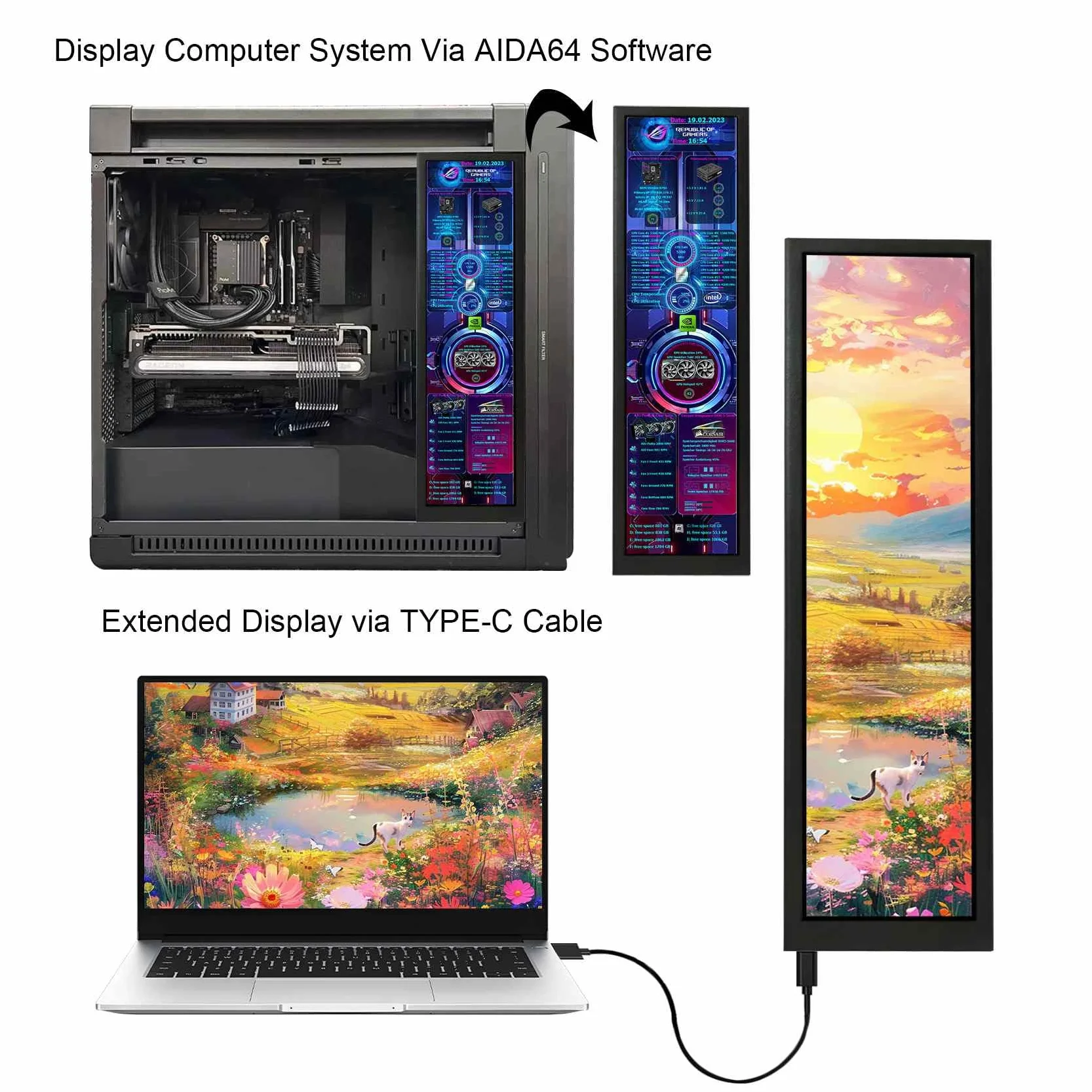 VSDISPLAY Czarny 8,8" 1920x480 600 nit IPS długi pasek monitor LCD | port wideo USB, do samodzielnego podekranu/wyświetlacza obudowy PC