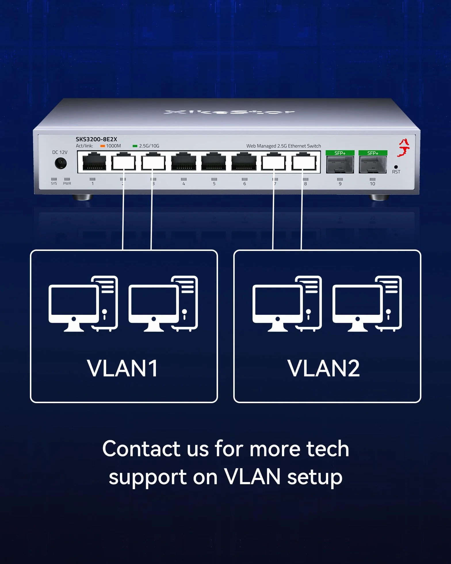 Przełącznik sieciowy zarządzalny z 8 portami 2.5G (zarządzanie przez Web, 8 portów RJ45 100M/1000M/2.5G + 2 porty SFP+ 10G, bez wentylatora, mostkowanie VLAN, na biurko/montowany w racku)