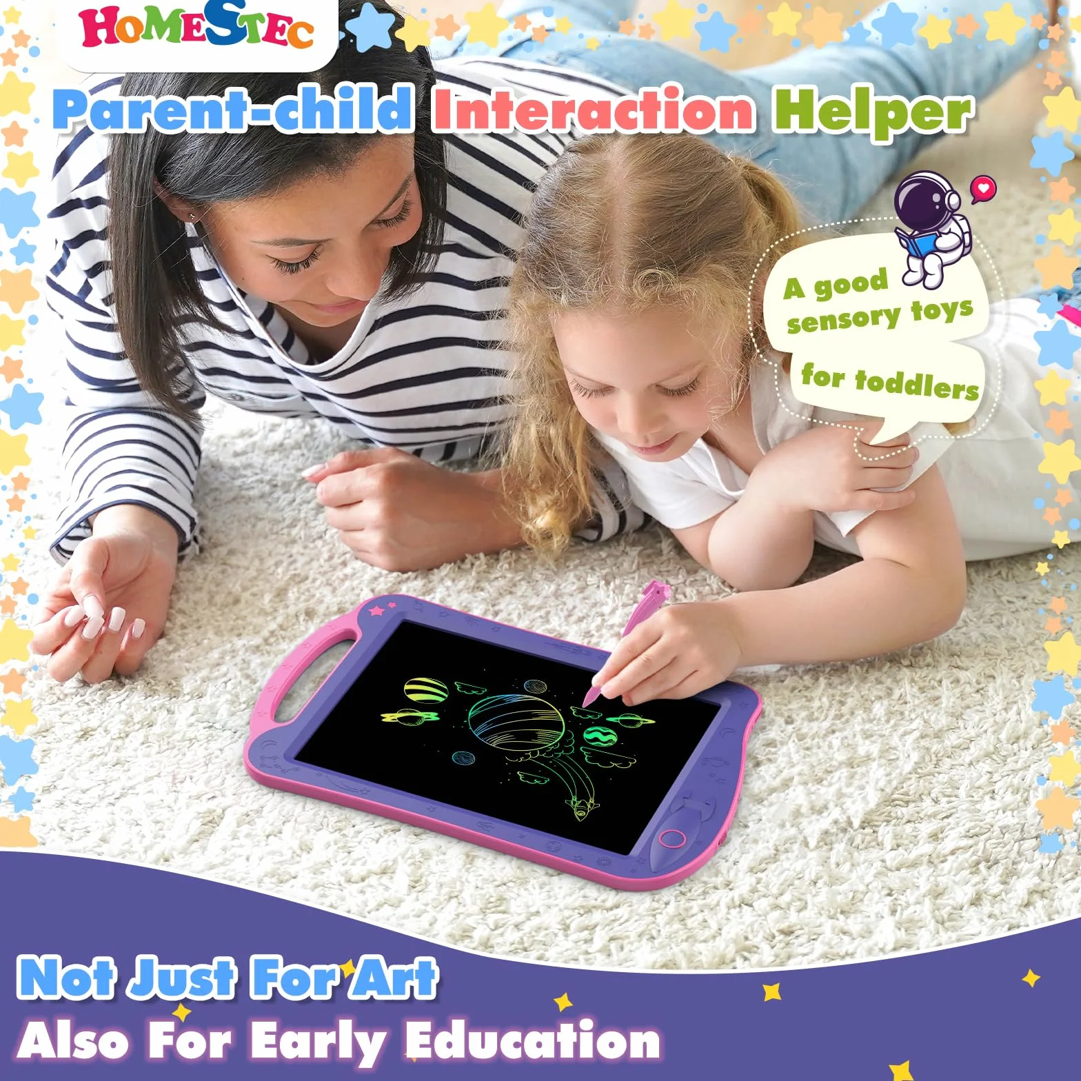 HOMESTEC AstroDraw Zabawki dla dziewczynek w wieku 2, 3, 4, 5, 6 lat, prezent, kolorowa podkładka do rysowania z przenośnym uchwytem, tablet do pisania LCD dla dzieci, zabawki podróżne, edukacyjne,