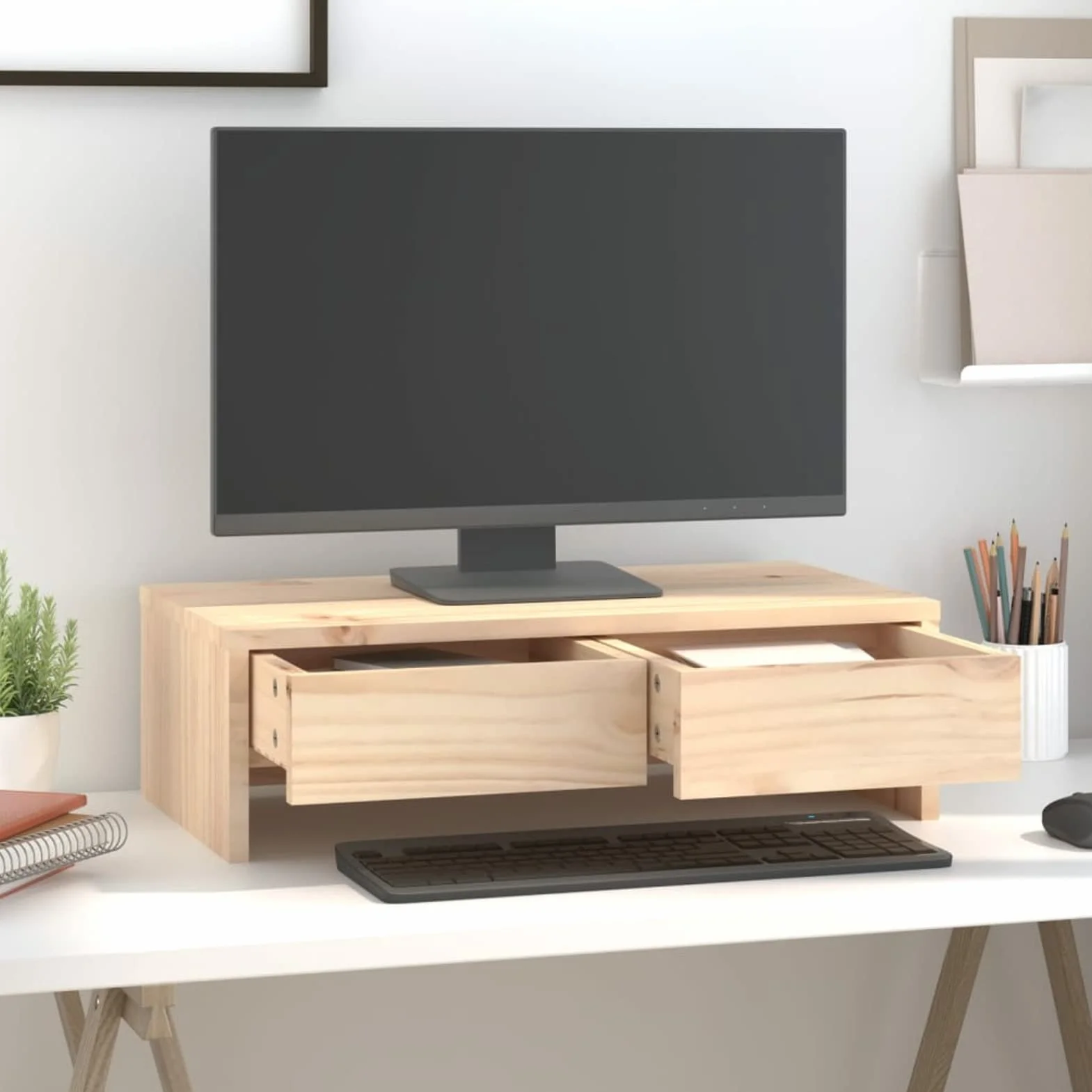 ShGaxin Stojak na monitor, stojak na ekran komputera, stojak na monitor biurko, akcesoria biurowe, podstawa monitora, akcesoria biurkowe, lite drewno sosnowe 50 x 27 x 15 cm