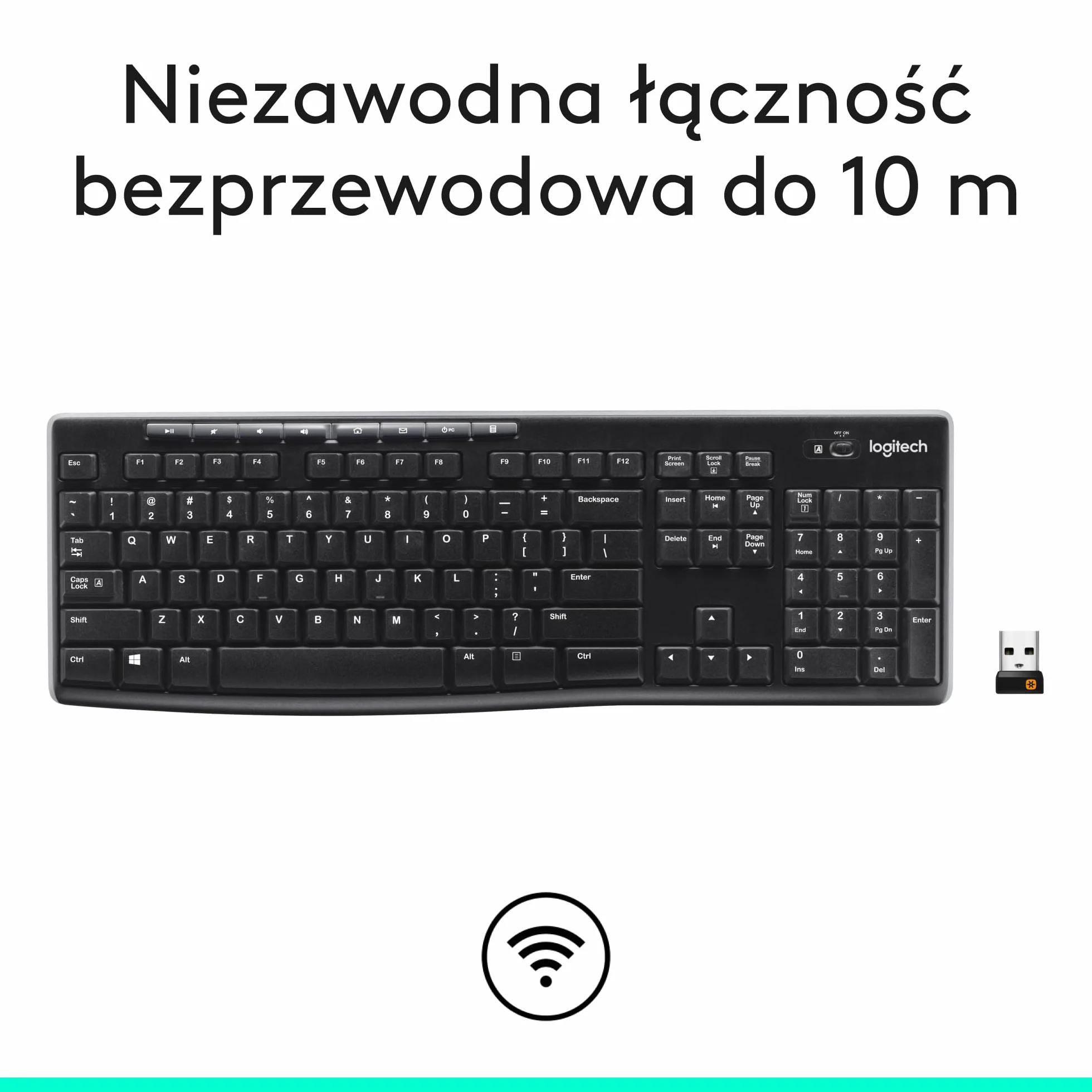 Logitech K270 Klawiatura Bezprzewodowa 2.4 GHz, pełnowymiarowa, 8 klawiszy multimedialnych, 2 lata pracy na baterii, zgodna z komputerem PC/laptopem z Windows, QWERTY układ US international - Czarny