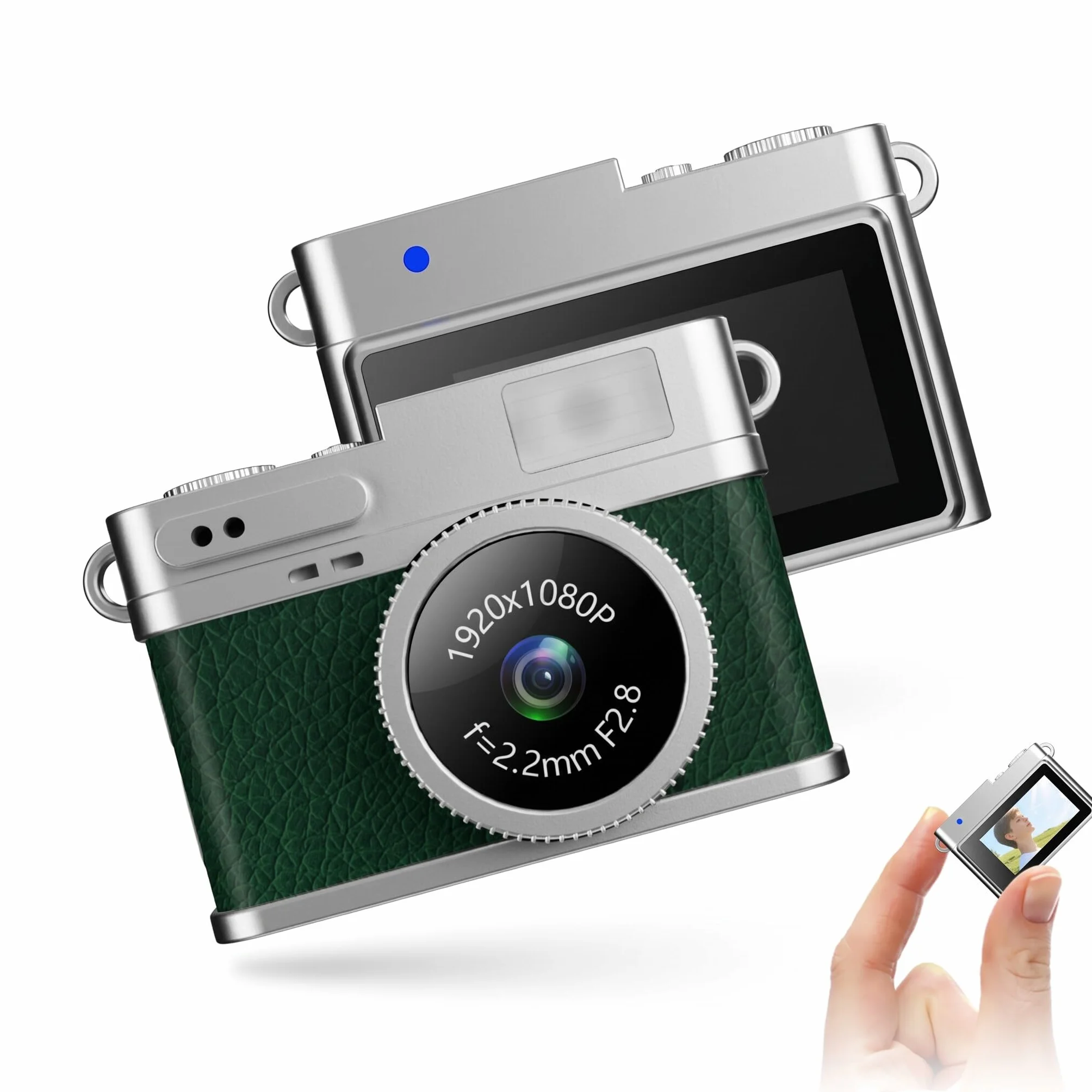 Bewinner Vintage Mini Digital Camera, Styl Retro 1080p FHD Kamera Wideo, LED Fill Light Pocket Cyfrowe Kamery, Przenośna Kompaktowa Kamera Kieszonkowa z kartą 128 GB (GREEN)