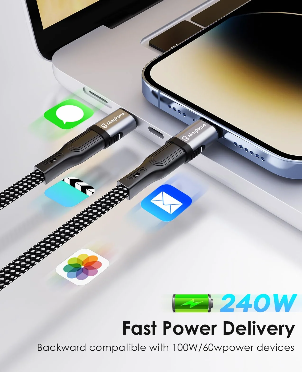 Magtame 240W magnetyczny adapter USB C 40Gbps, 1Pack proste adaptery typu C z 2-końcówkami, 24Pin szybkie ładowanie danych 4K 60Hz dla USB 3/4 MacOS Pro/Air Laptop Tablet i urządzenia typu C | Złącze typu C z transferem danych 40 Gb/s i wyjściem wideo 4K