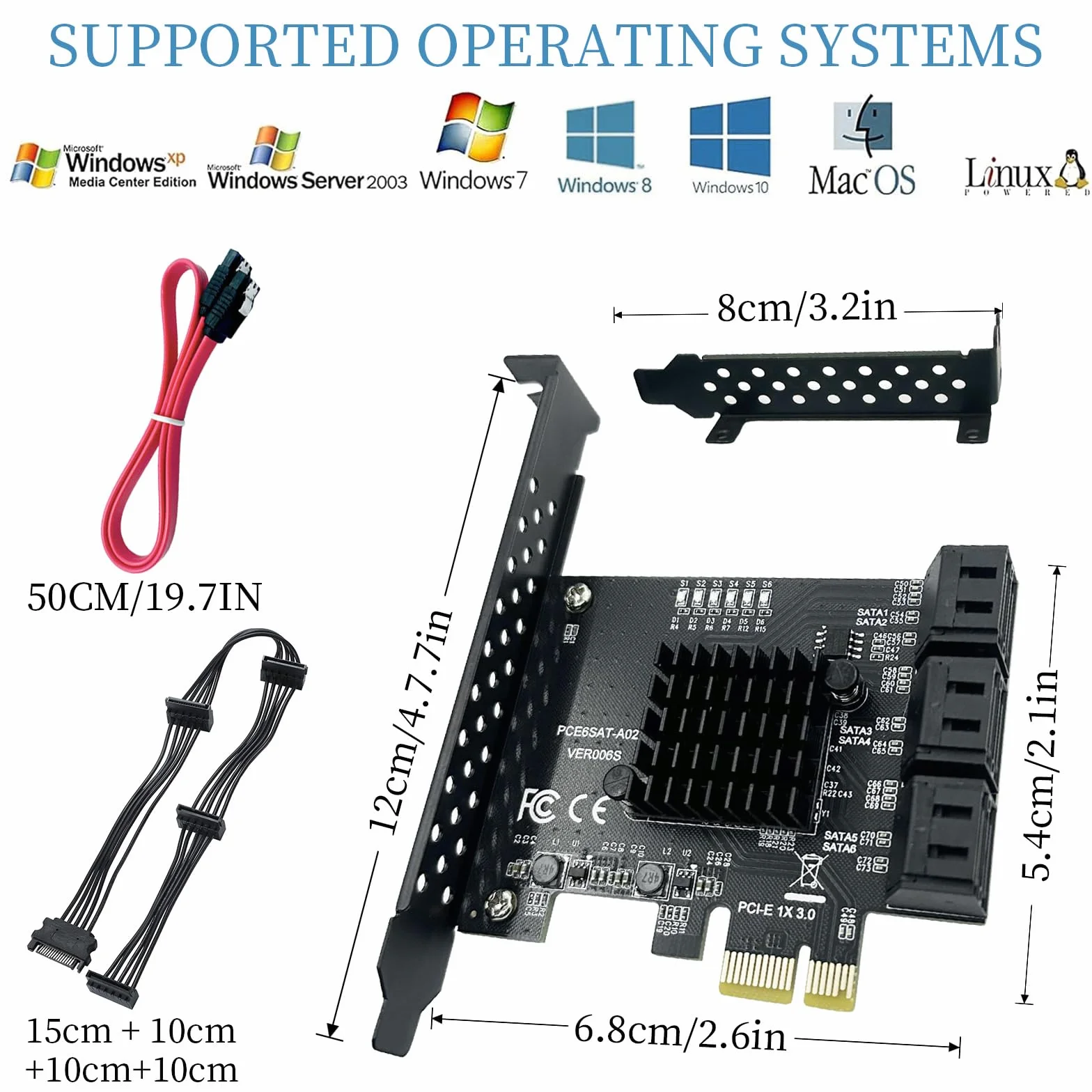 Karta SATA PCIe x1 z 6 portami, kontroler kart rozszerzeń PCIE 3.0 SATA (6 Gbit/s), karta SATA III z 6 kablami SATA, 15-biegunowy kabel rozdzielający zasilanie SATA do Windows, Mac OS, systemu Linux