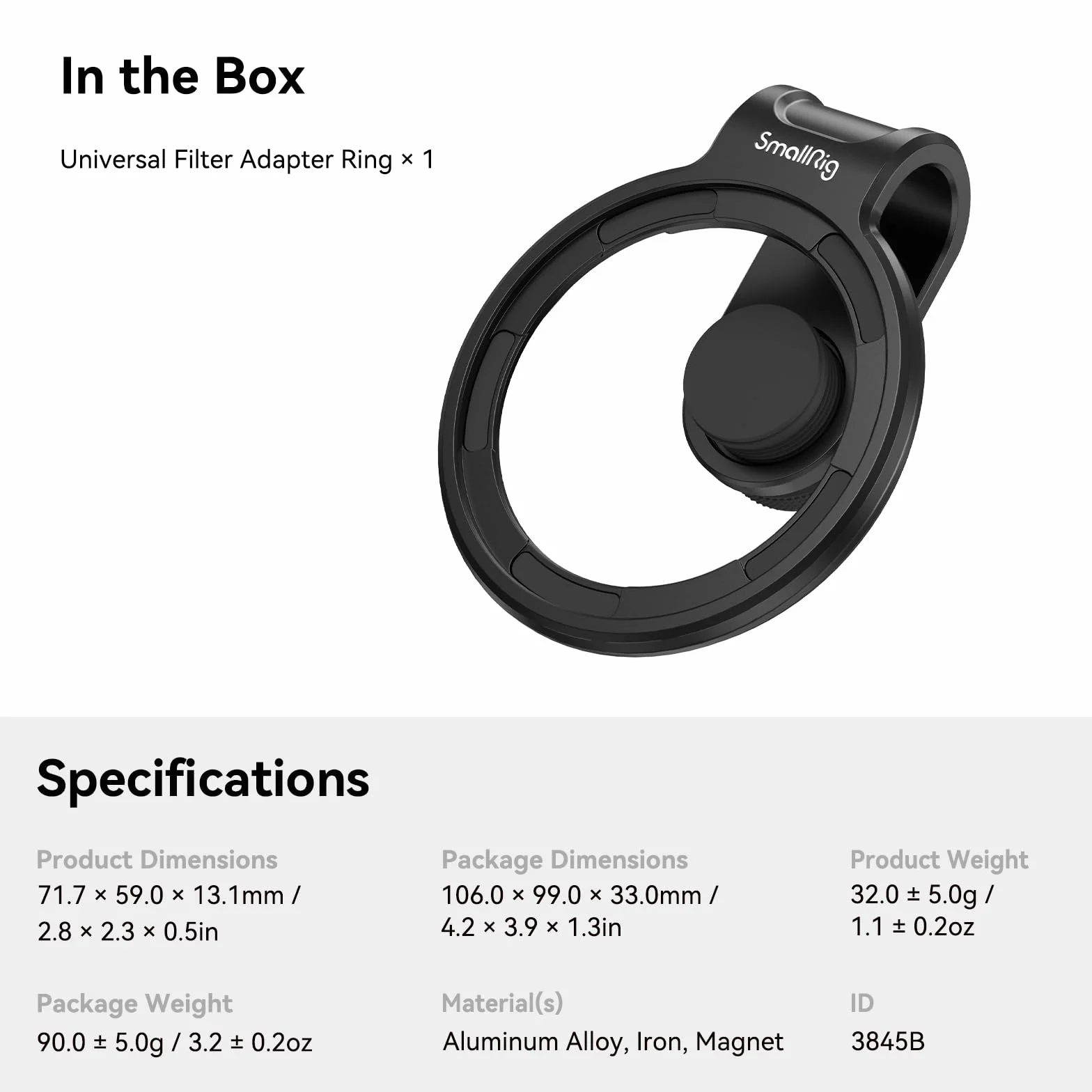 SmallRig 52mm Universal Magnetic Filter Adapter Ring, Magnes z Mechanizmem Szybkiego Uwalniania Ulepszony Pierścień Filtra Obiektywu Telefonu dla iPhone dla Samsunga dla Huawei dla Pixel - 3845B