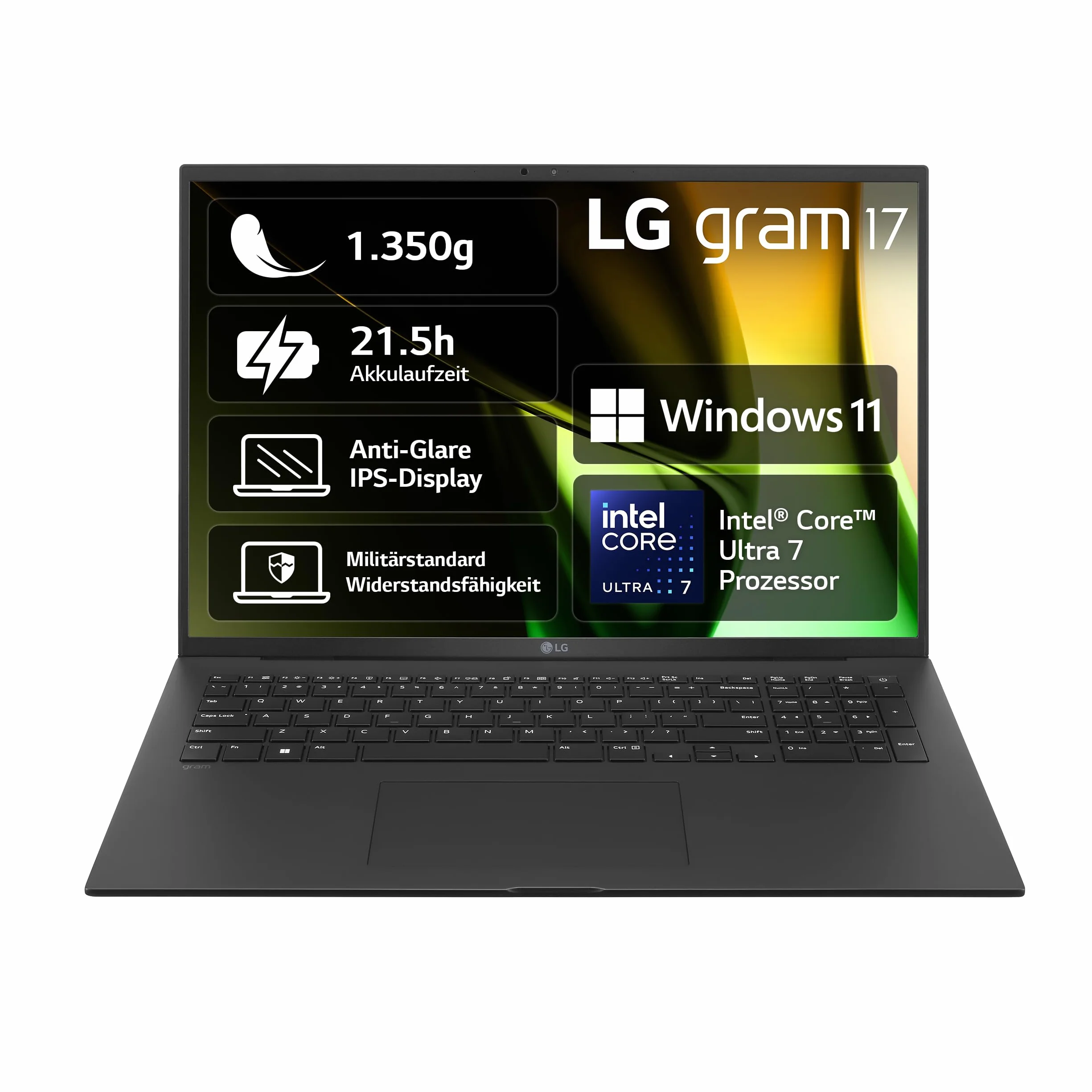 LG 2024 g notebook o przekątnej ekranu 17" – 1350 g Intel Core Ultra7 laptop (16 GB RAM, 1 TB Dual SSD, czas pracy baterii 21,5 h, wyświetlacz IPS Anti-Glare, Win 11 Home), czarny