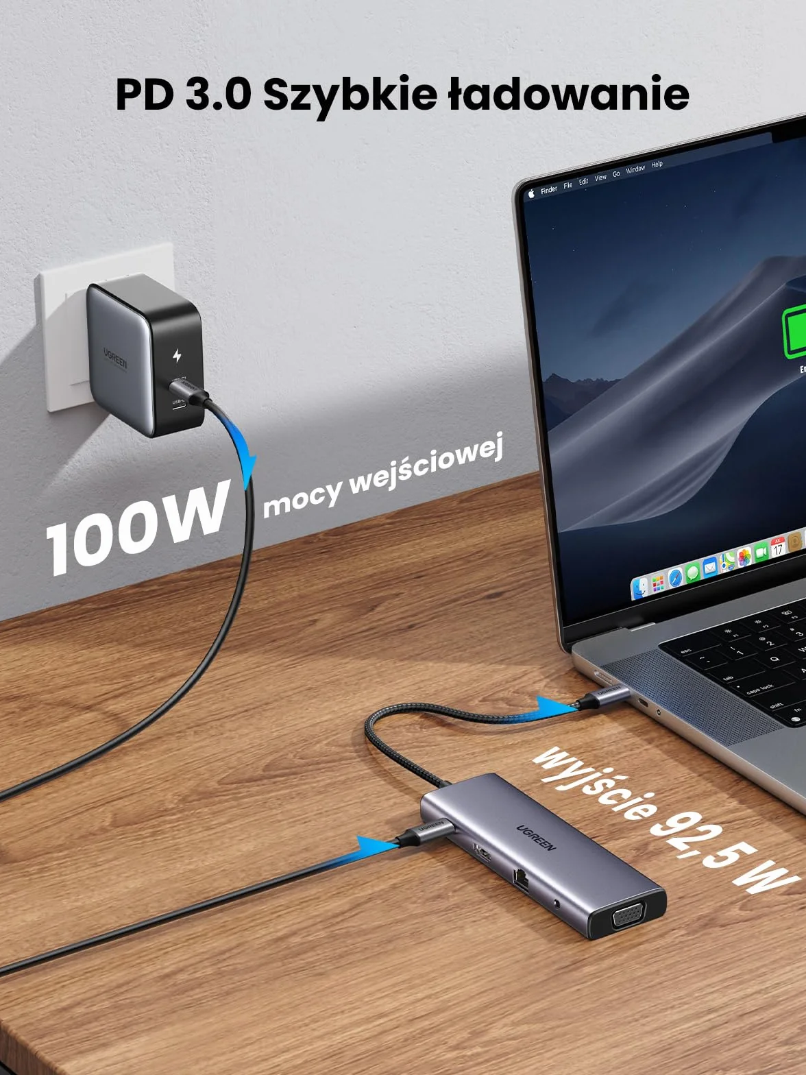 UGREEN Stacja dokująca USB typu C z 4K HDMI, VGA, USB A 3.0, PD100W, Ethernet, 3,5 mm audio, SD/TF