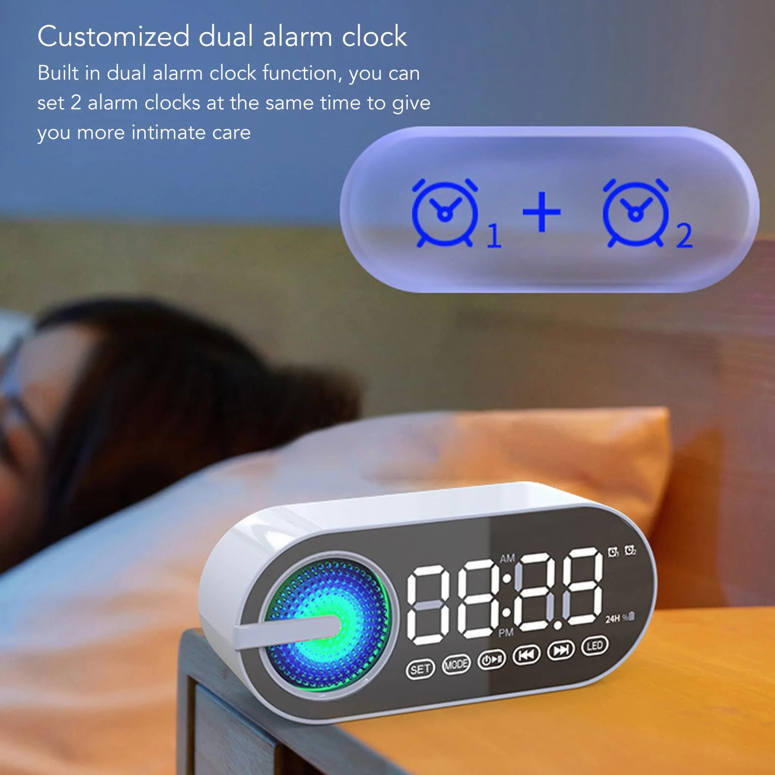 Głośnik z Budzikiem Bluetooth, Cyfrowe Radio z Budzikiem z Pełnym Basem FM, Przenośny Głośnik Bluetooth z Lustrzanym Wyświetlaczem LED do Sypialni, Biura i Pokoju w Akademiku