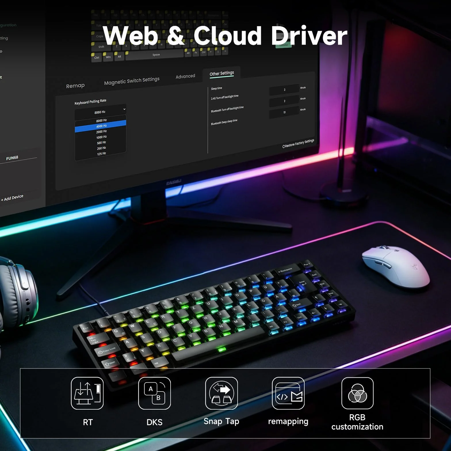 MONSGEEK FUN68 HE Klawiatura gamingowa, układ QWERTZ-ISO-DE, przełącznik efektu Halla, przewodowa klawiatura RGB 65%, RT 0,005 mm, częstotliwość próbkowania 8000 Hz, regulowana siła wyzwalania