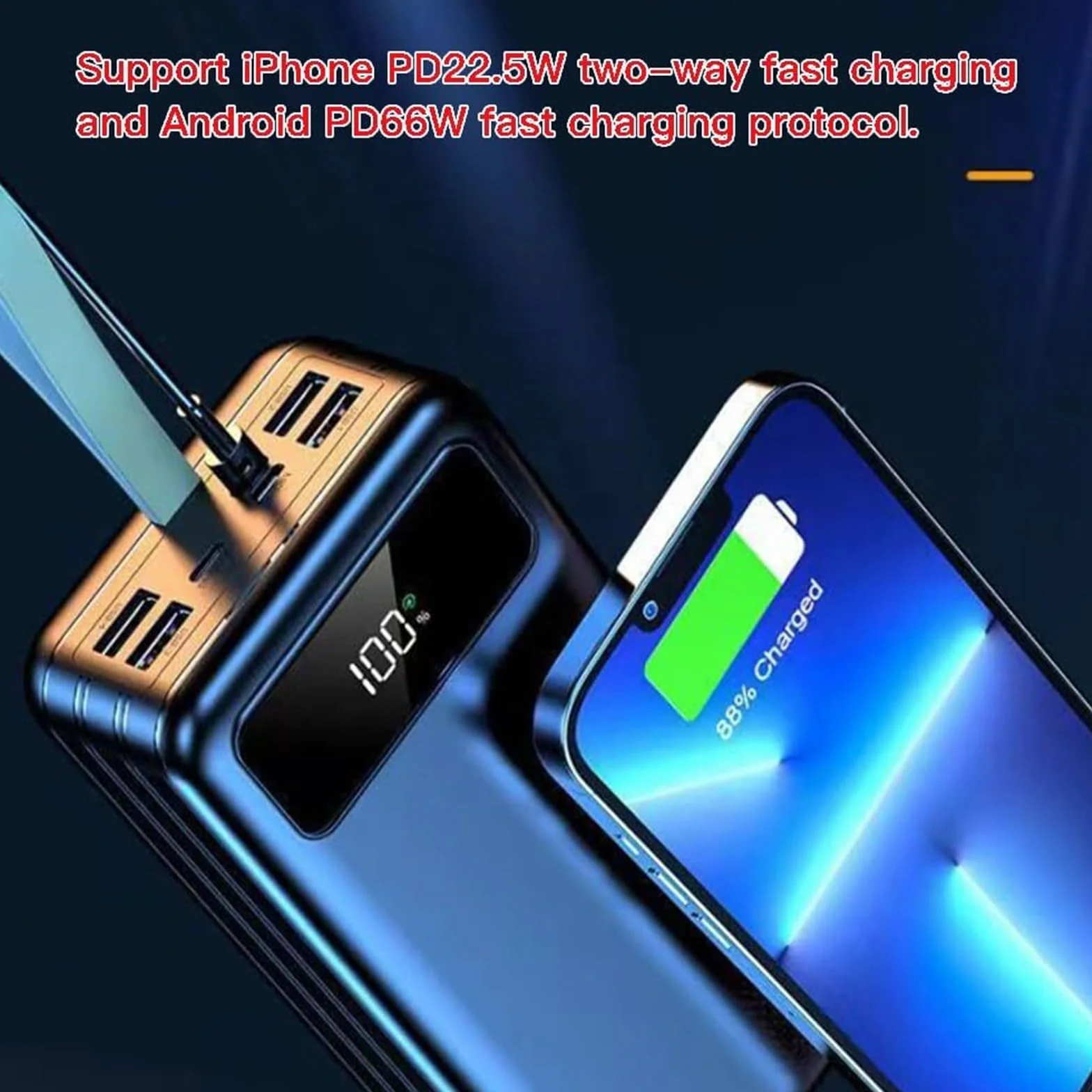 Przenośna ładowarka Power Bank, 10 0000 mAh, szybkie ładowanie, zewnętrzny akumulator z wbudowanym kablem wyjściowym USB-C (22,5 W) i kablem wyjściowym i-OS (20 W), powerbank na kemping, podróż (D