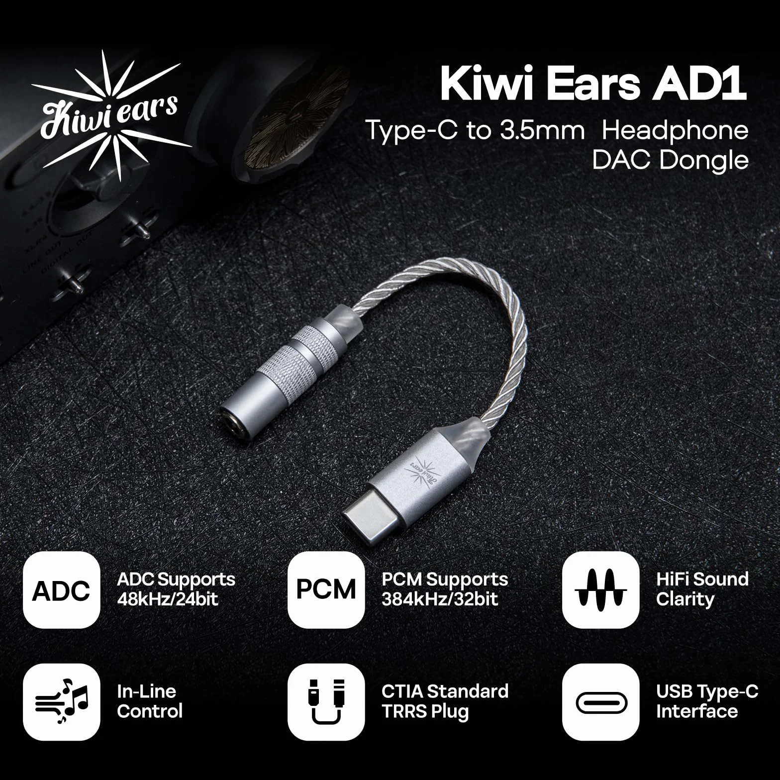 Kiwi Ears AD1 Kabel adapterowy DAC USB-C do 3,5 mm, 32 bity/384 kHz, Srebro