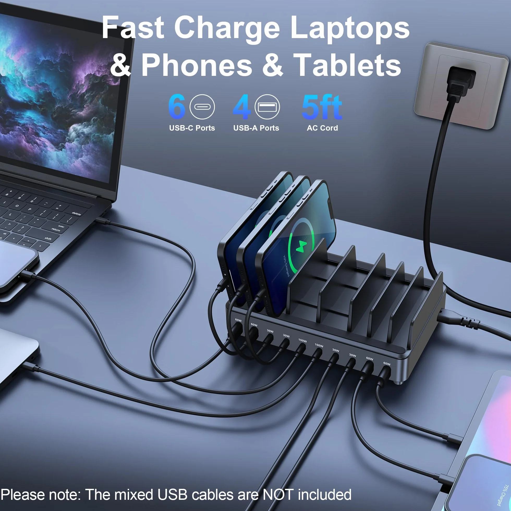 chipofy Stacja ładująca 500 W do wielu urządzeń, 10-portowa szybka stacja ładująca USB C, z organizerem do MacBooka, laptopa, iPada, iPhone'a 17, 16 Pro Max, Galaxy S25/S24 i innych