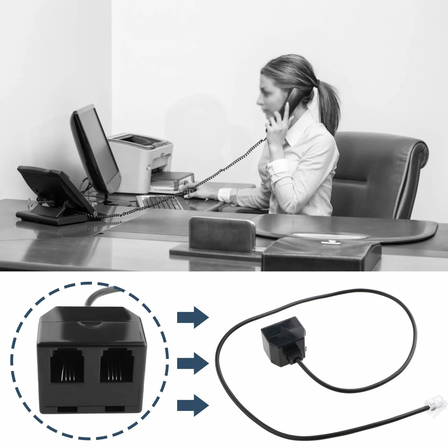 Adapter treningowy do telefonu, rozdzielacz Y, RJ9 4P4C, kryształowa głowica, kompatybilny z Cisco, kompatybilny z Avaya, kompatybilny z Plantronics, 50 cm, czarny