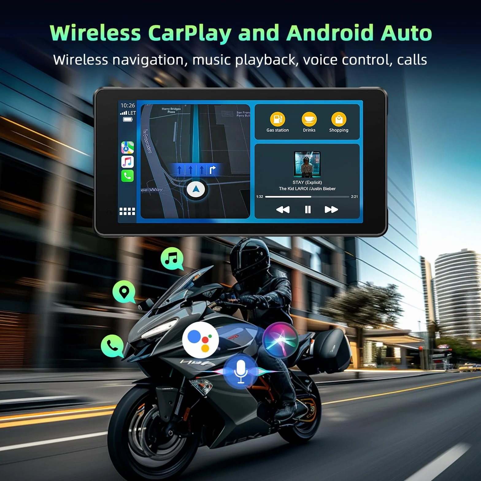 Volam Carplay Motorcycle Android Auto, przenośny wyświetlacz Carplay z kamerą przednią i tylną 2K+1080P dla motocykli, wodoodporny ekran dotykowy 5,5 cala, nawigacja, asystent Siri/G-oogle, aplikacja
