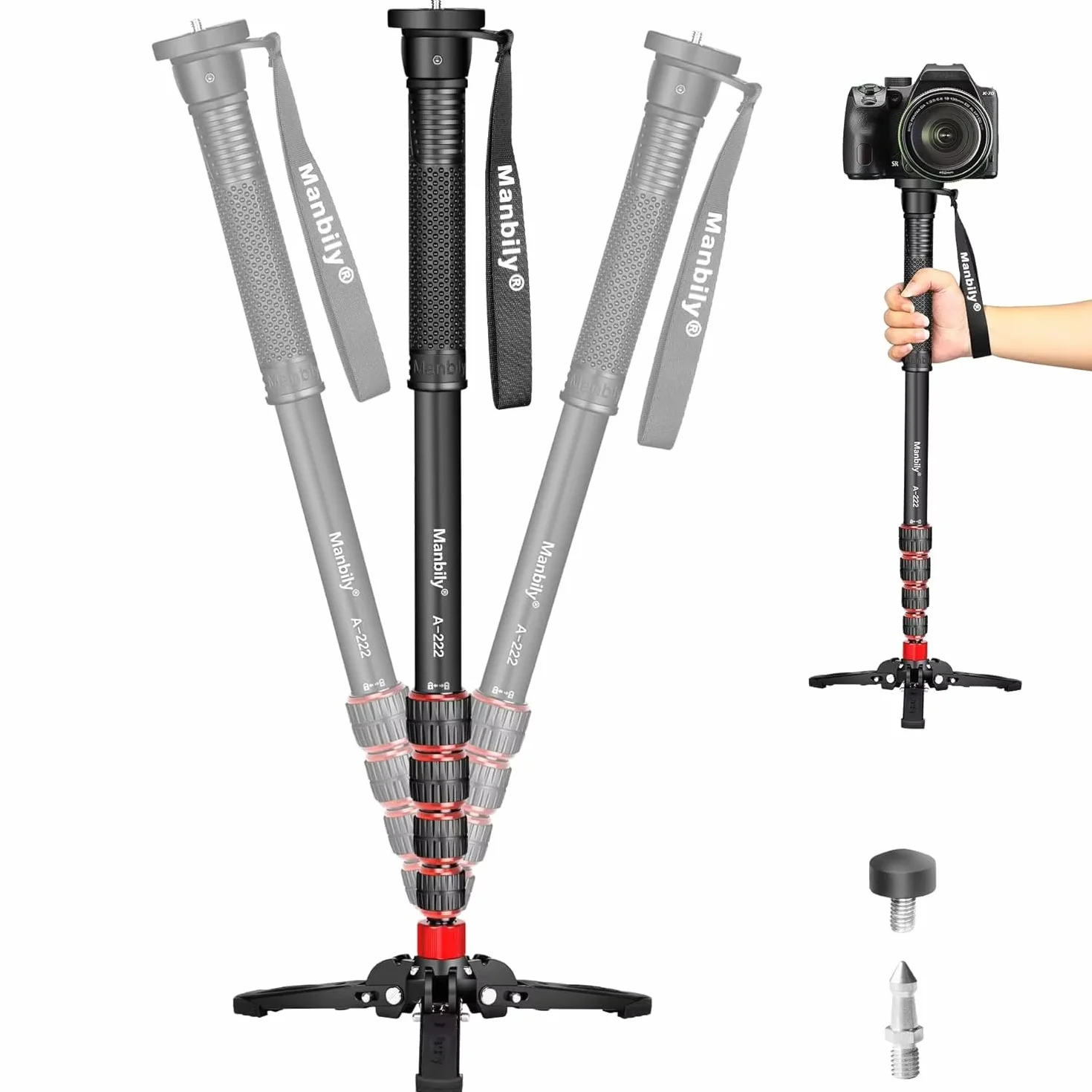 Manbily Wysuwany aluminiowy monopod z nóżkami, przenośny monopod podróżny ze zdejmowaną podstawą statywu do kamery wideo DSLR Canon Nikon Sony, 5 sekcji, do 170 cm, maksymalne obciążenie 7 kg (A-222)