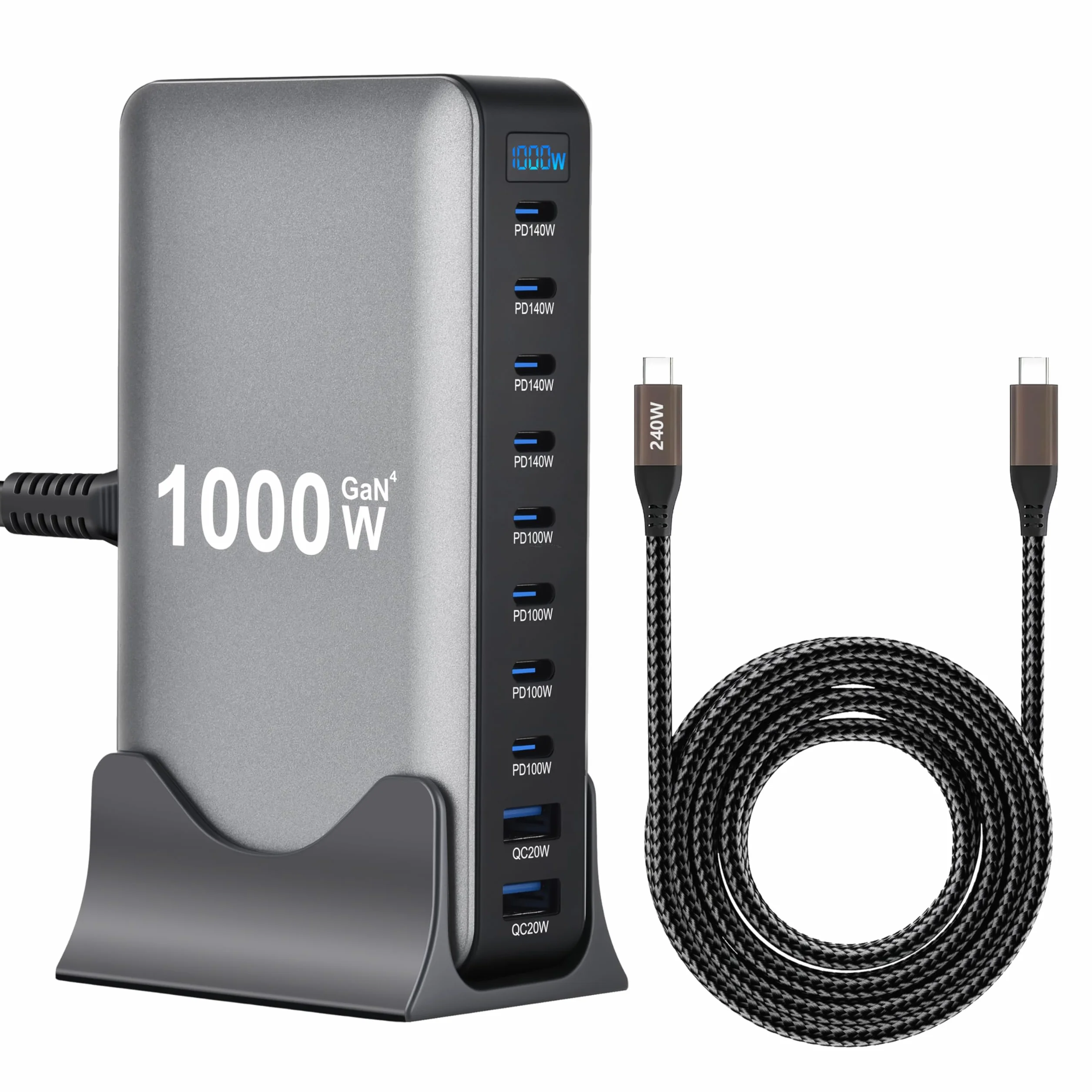 GaN 41000 W, stacja ładująca, 10 portów, kabel do transmisji danych 240 W, 2 m, kompatybilna z tabletami, telefonami, laptopami, konsolami do gier, słuchawkami