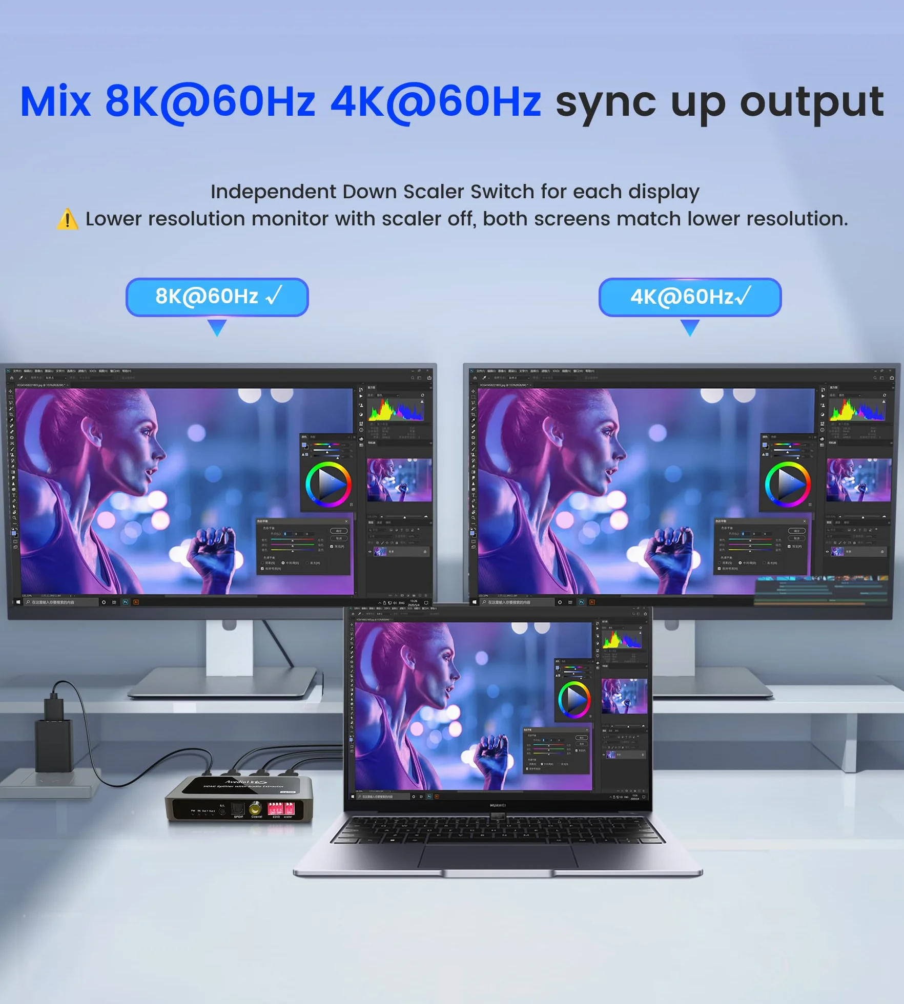 Ekstraktor audio HDMI 8K 60 Hz rozdzielacz 1 w 2 wyjścia z wyjściem audio, HDMI do 2X HDMI + Toslink SPDIF + współosiowy + 3,5 mm, obsługuje Dobly Atmos 7.1, DTS, HDCP 2.3, Down Scaler, idealny do TV